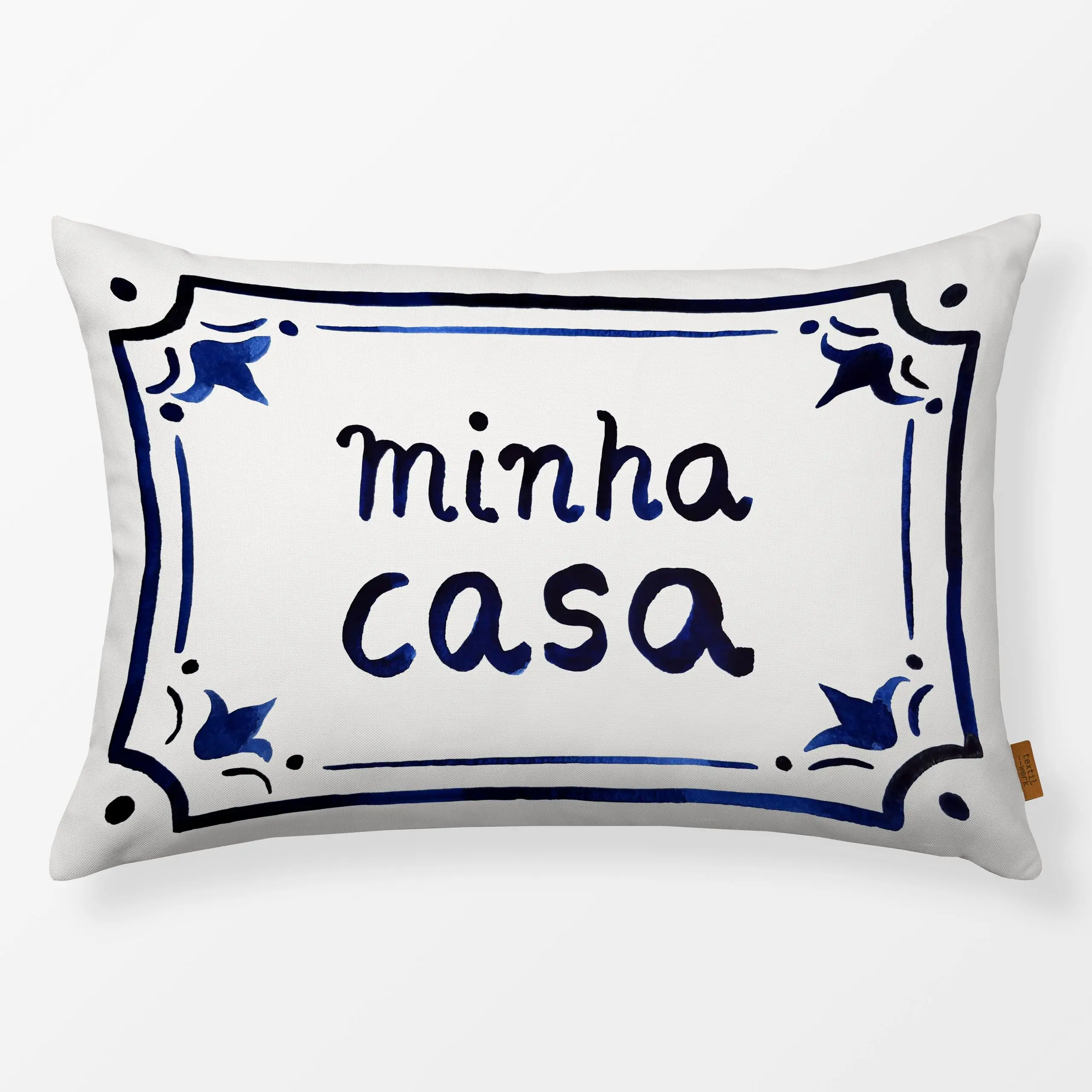 Kissen Minha Casa - Städte & Länder, Sprüche & Schriftzüge, Reise - von „Karen Menzenbach"; Aquarell, Haus, schrift, waterco...