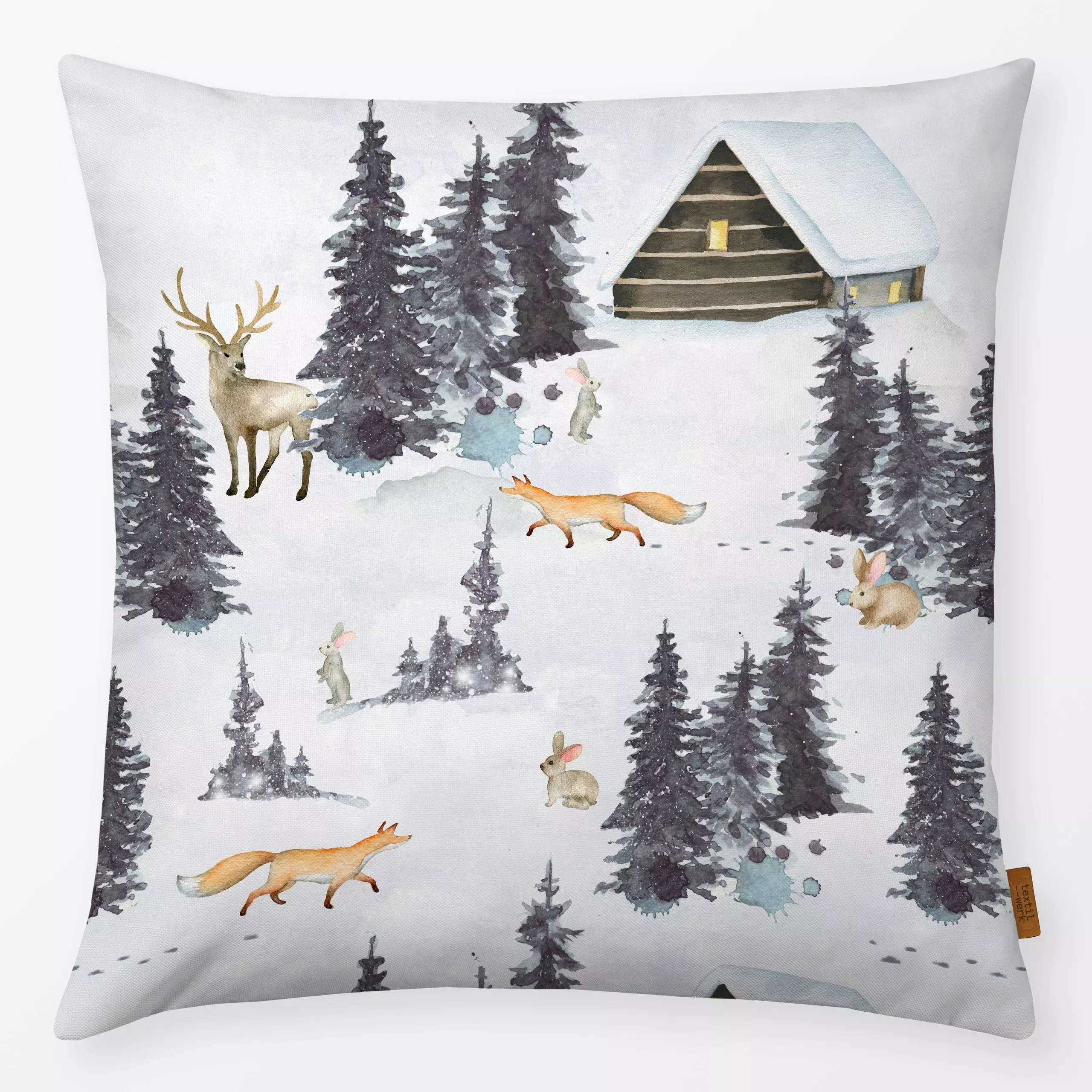 Kissen Wildtiere im Winterwald - Tiere, Winter - von „Uta Naumann"; Muster, Wasserfarben, Wald, Hygge, Scandianvian, Winter,...