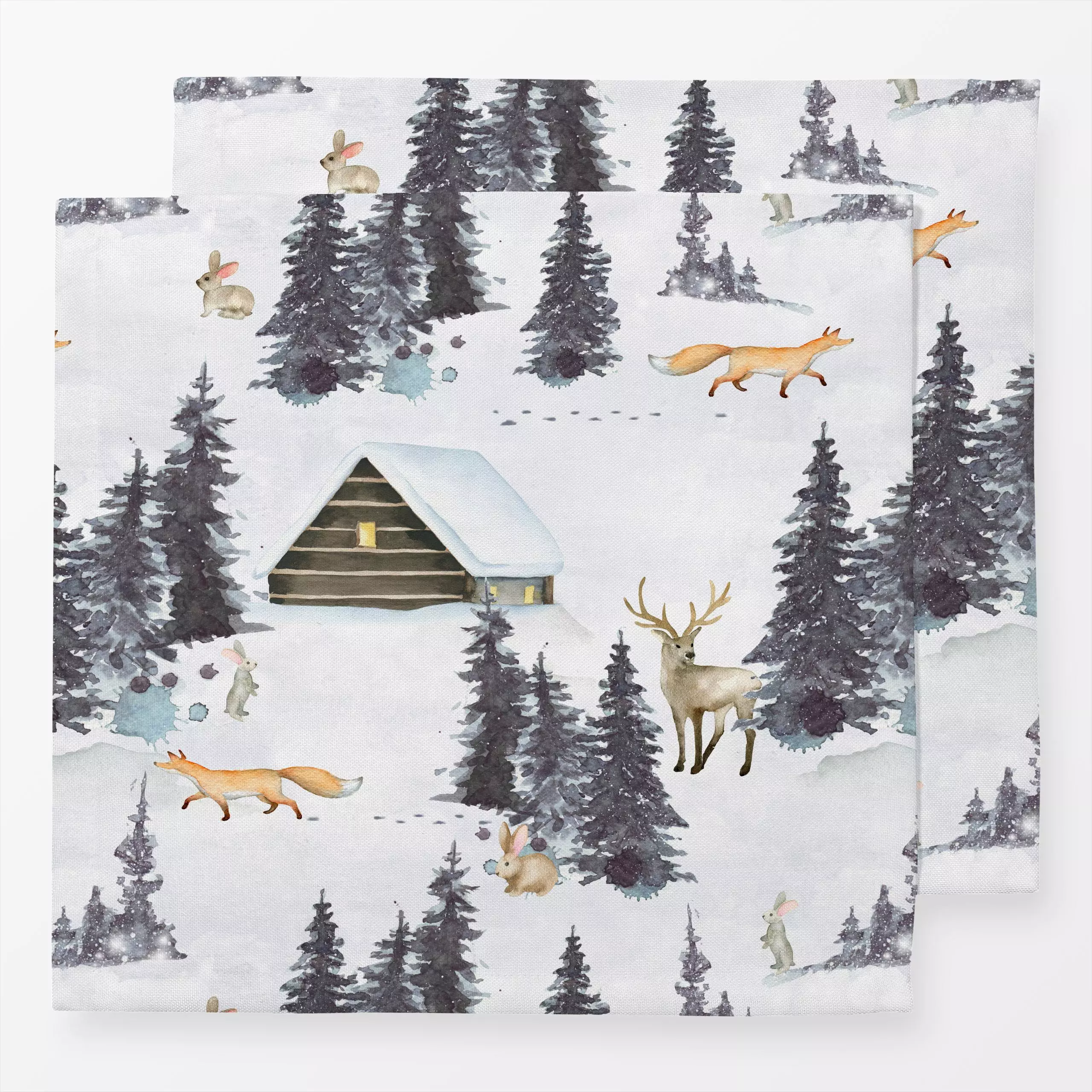 Servietten Wildtiere im Winterwald - Tiere, Winter - von „Uta Naumann"; Muster, Wasserfarben, Wald, Hygge, Scandianvian, Win...