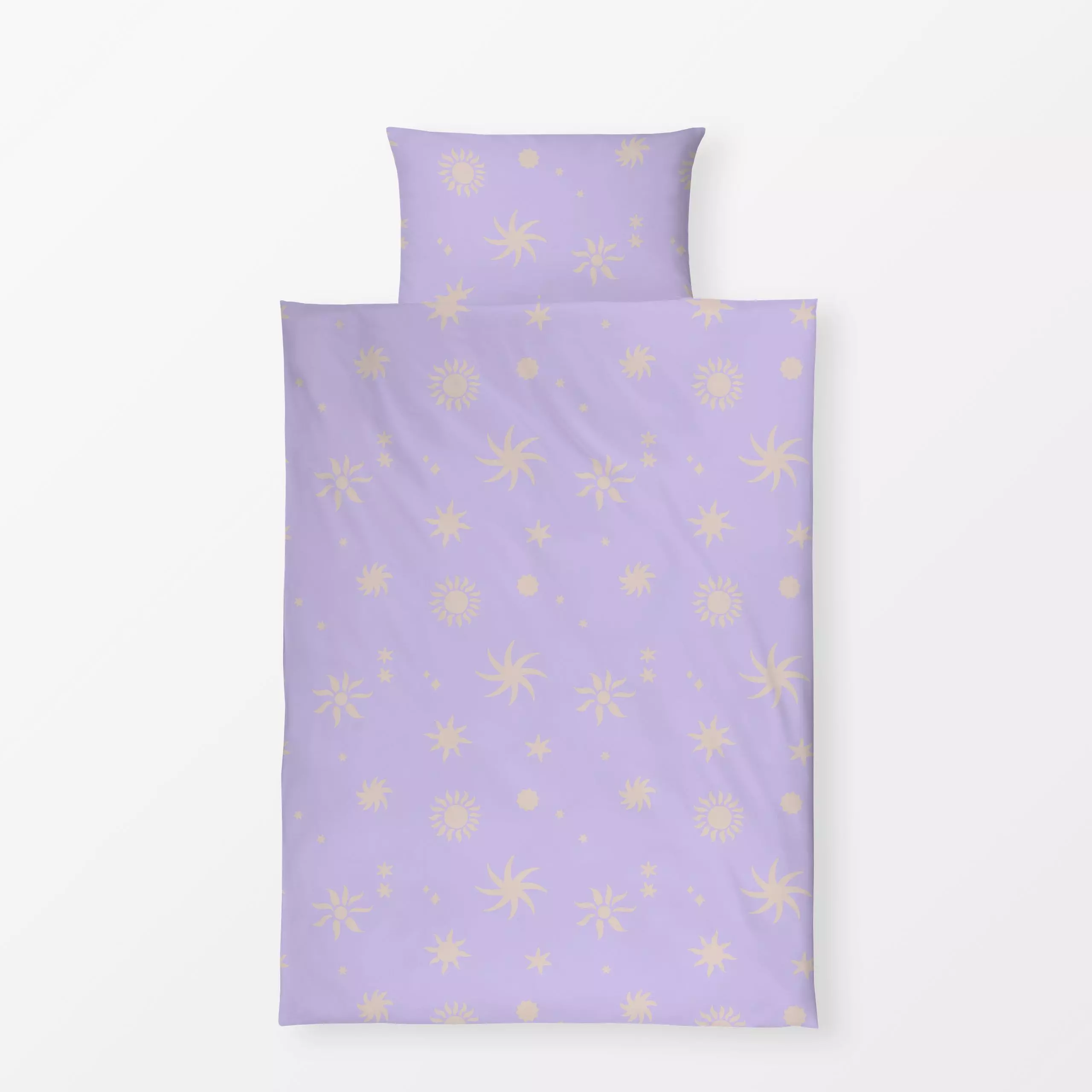 Bettwäsche Sonne Sterne Flieder - Natur & Landschaft, Symbole & Muster - von „Studio Kesse"; Retro, Sonne, Sterne, Sommer, v...