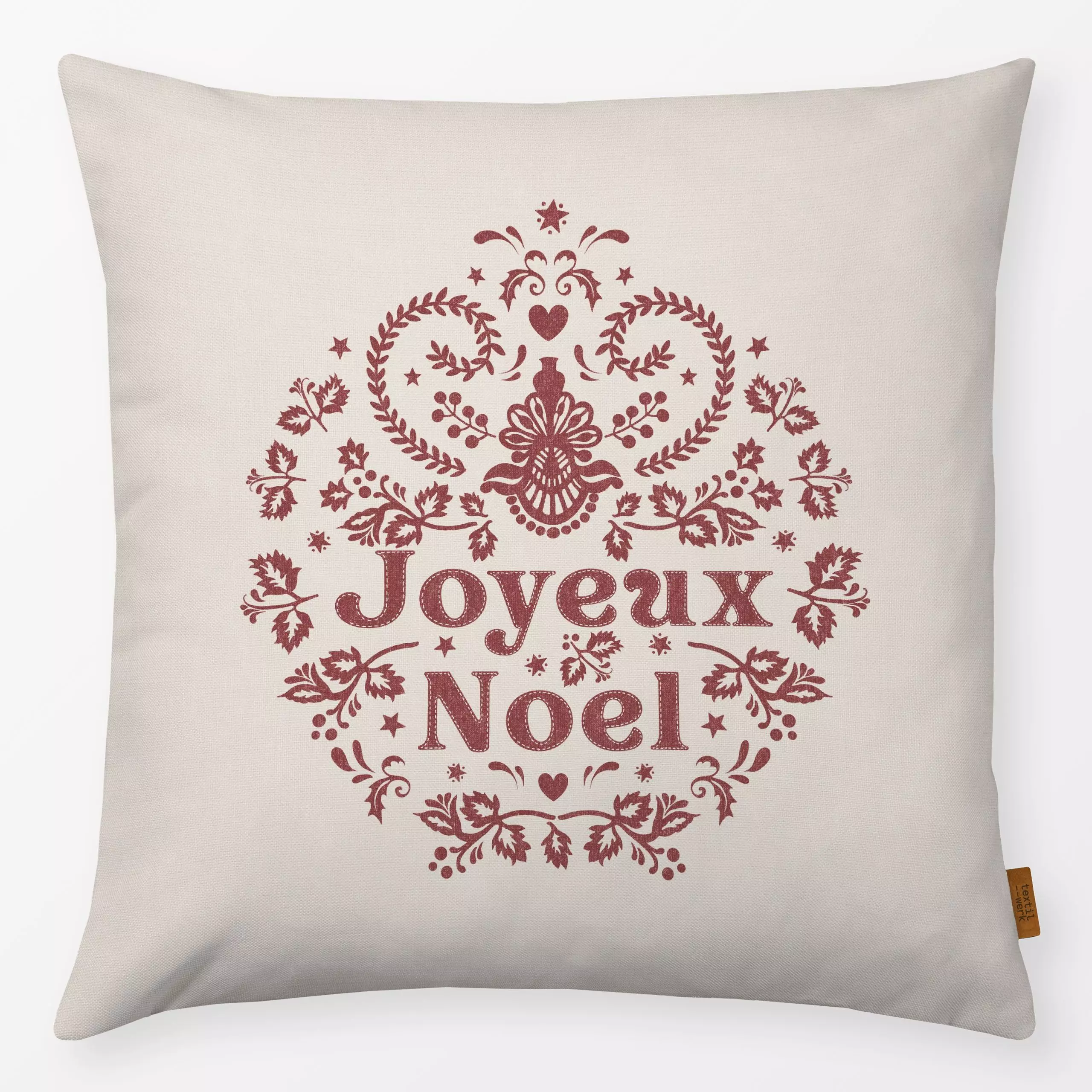 Kissen Folk Weihnachtskranz Beige - Sprüche & Schriftzüge, Weihnachten, Winter - von „Bloomery Decor"; Merry Christmas, Weih...