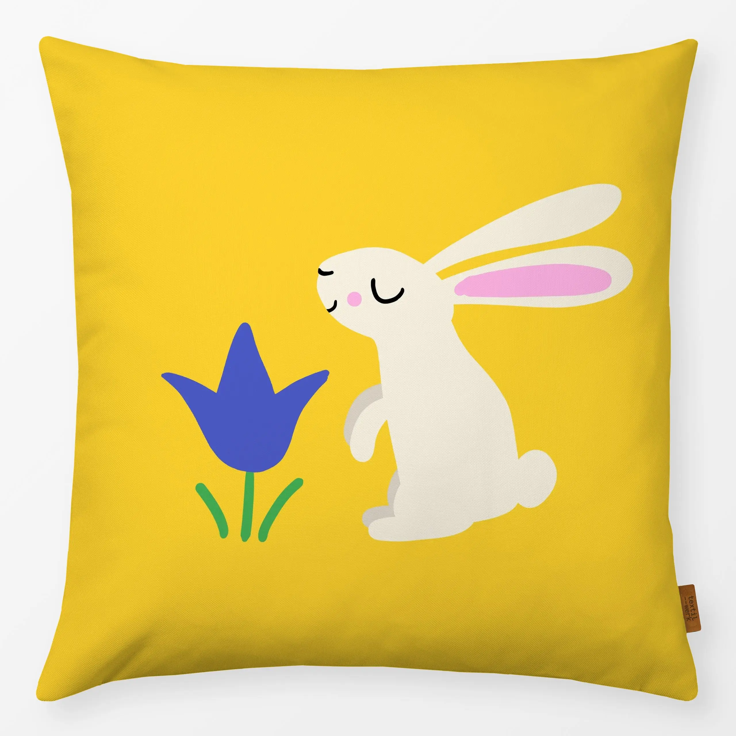 Kissen Hase mit Tulpe Muster gelb - Frühling, Tiere, Ostern - von „Julia Reyelt"; minimal, Tulpen, Hase, niedlich, Ostern, O...