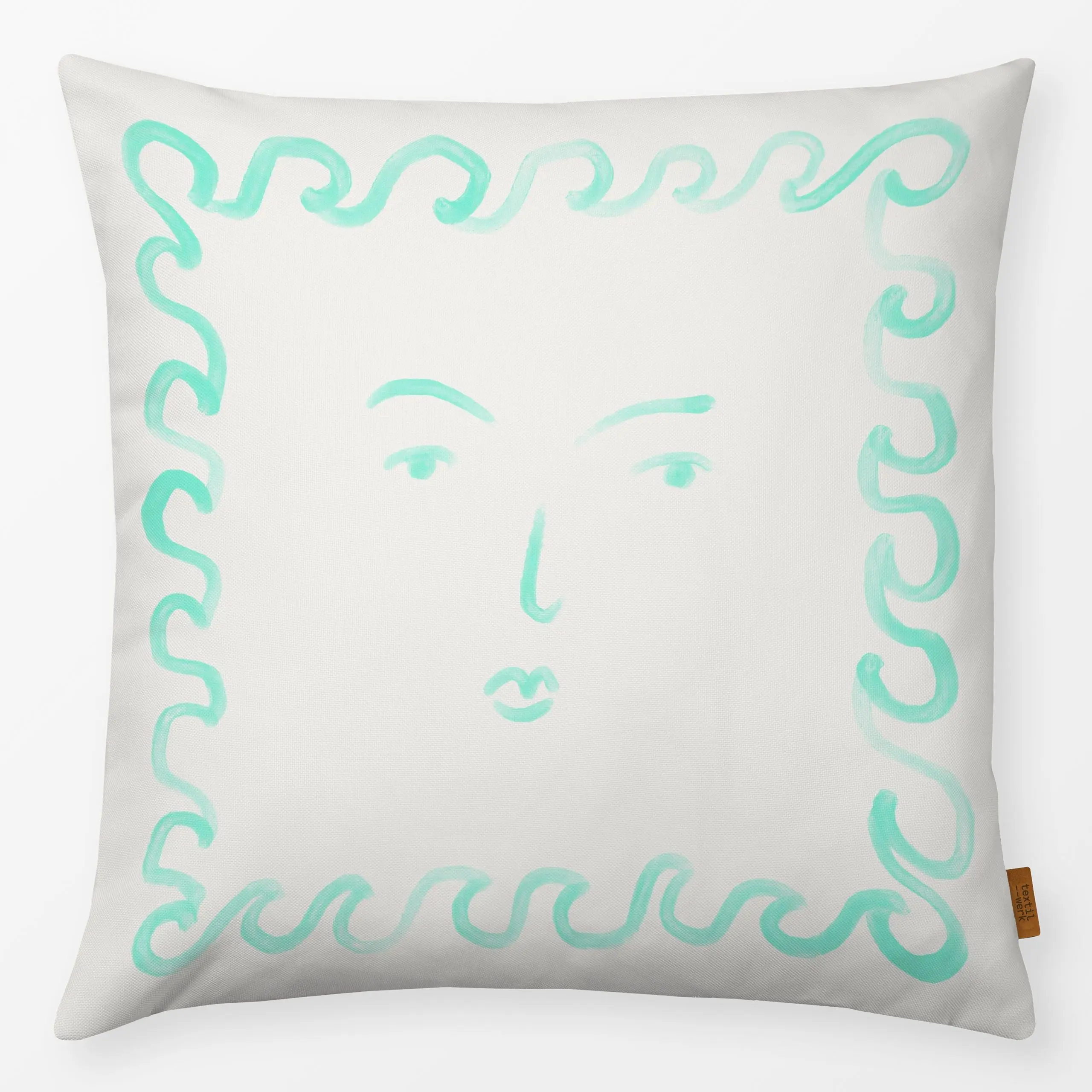Kissen Gesicht Wellenrand Türkis - Symbole & Muster - von „Sophie Augustin Illustration"; abstrakt, mediterran, portrait, Ge...