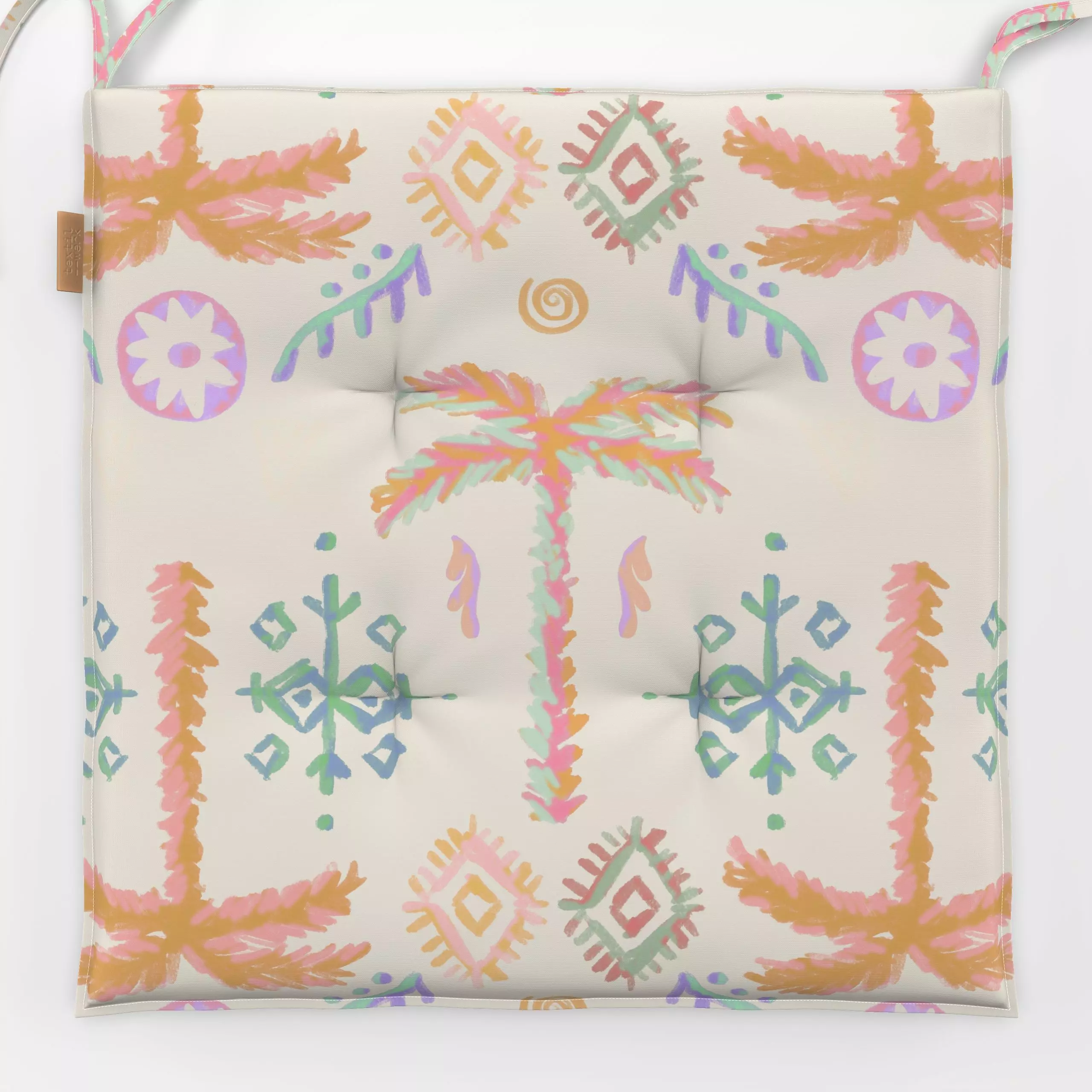 Sitzkissen PALM ETHNO IKAT - Natur & Landschaft, Symbole & Muster - von „Kruth Design"; Palmen, Garten, Ethno, outdoor, Balk...