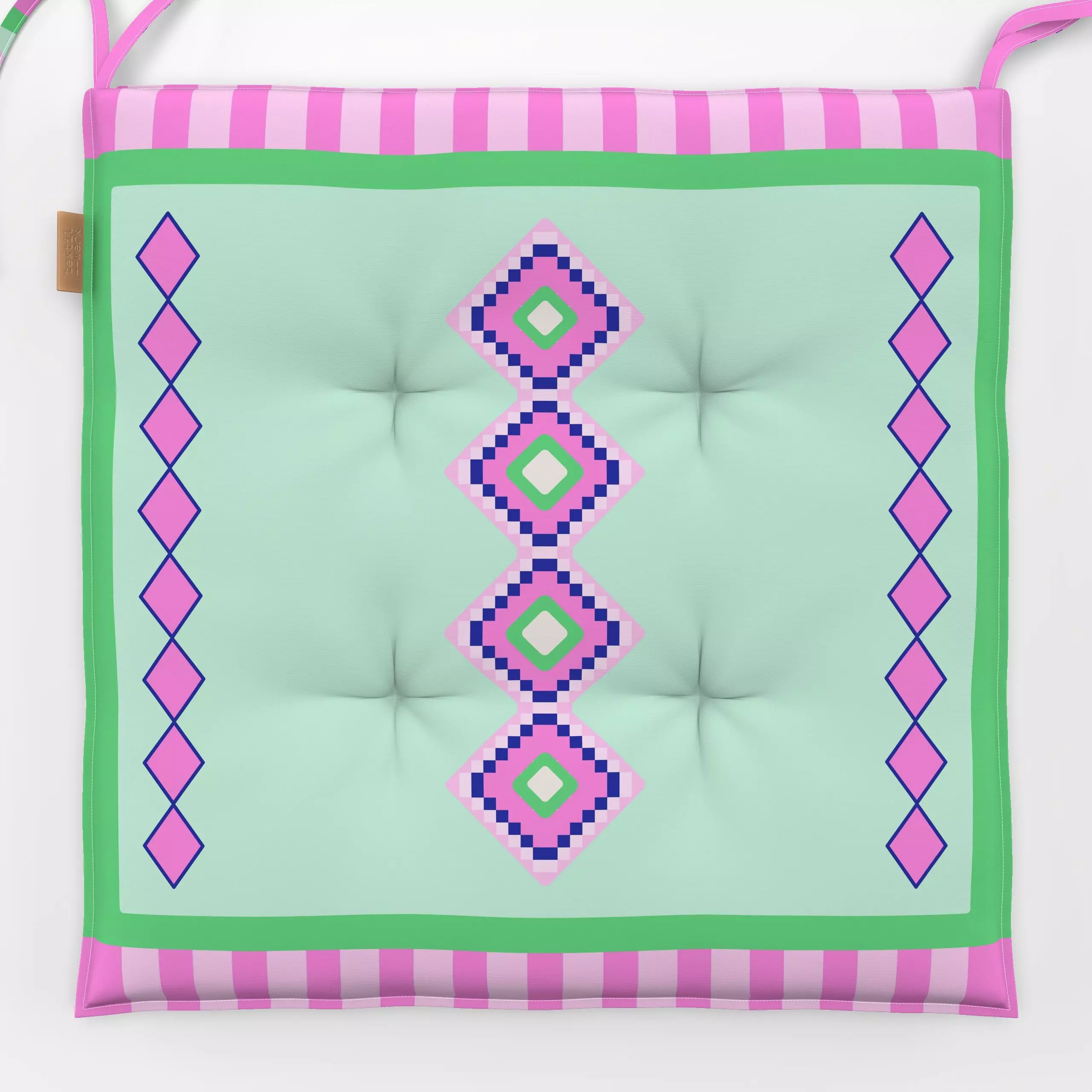 Sitzkissen Cool Boho Diamonds green pink - Sommer, Symbole & Muster - von „Karen Menzenbach"; Muster, Streifen, pink, Ethno,...