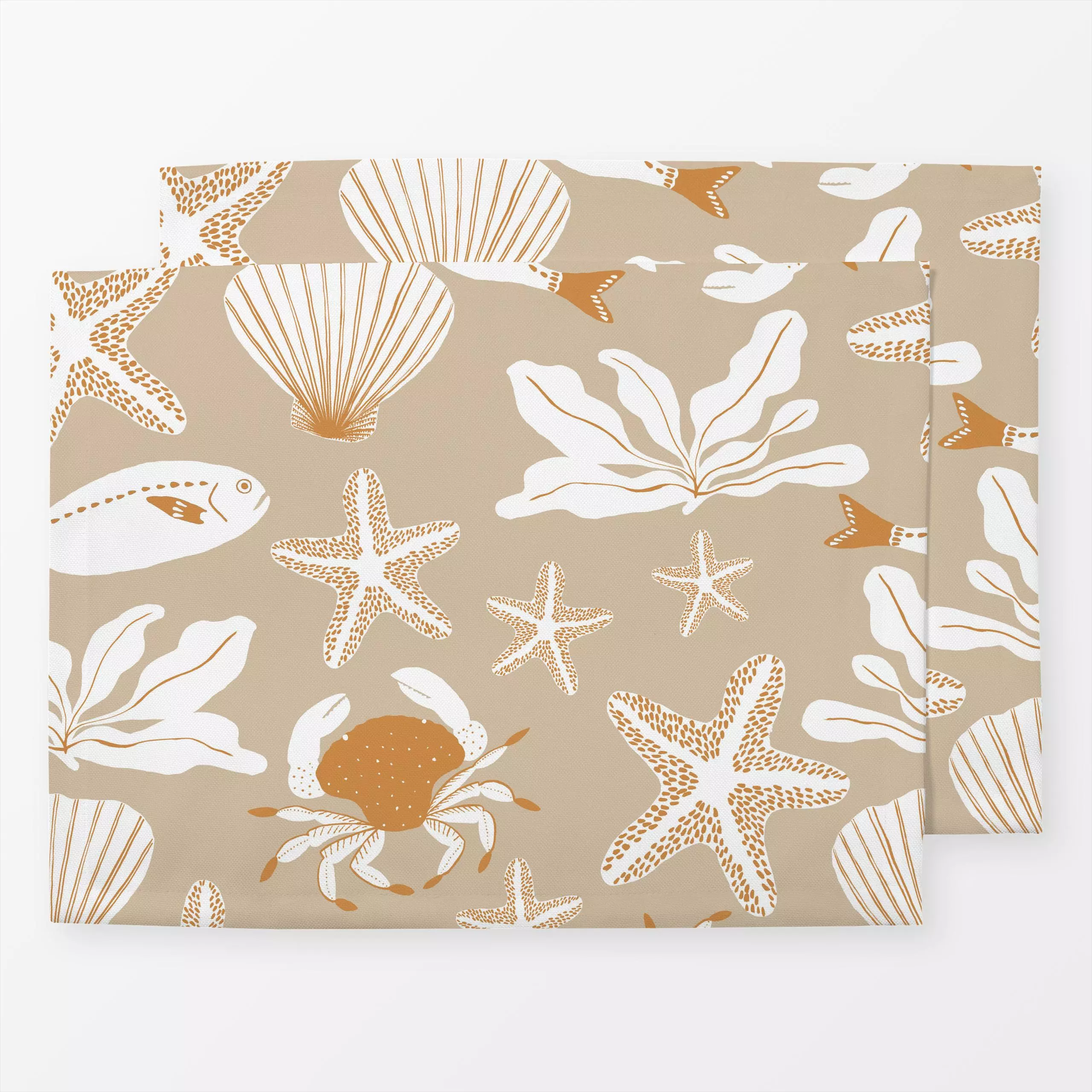 Tischset Erinnerungen ans Meer beige - Sommer, Tiere - von „Julia Schumacher"; Meer, Fische, mediterran, Muscheln, Picknick,...