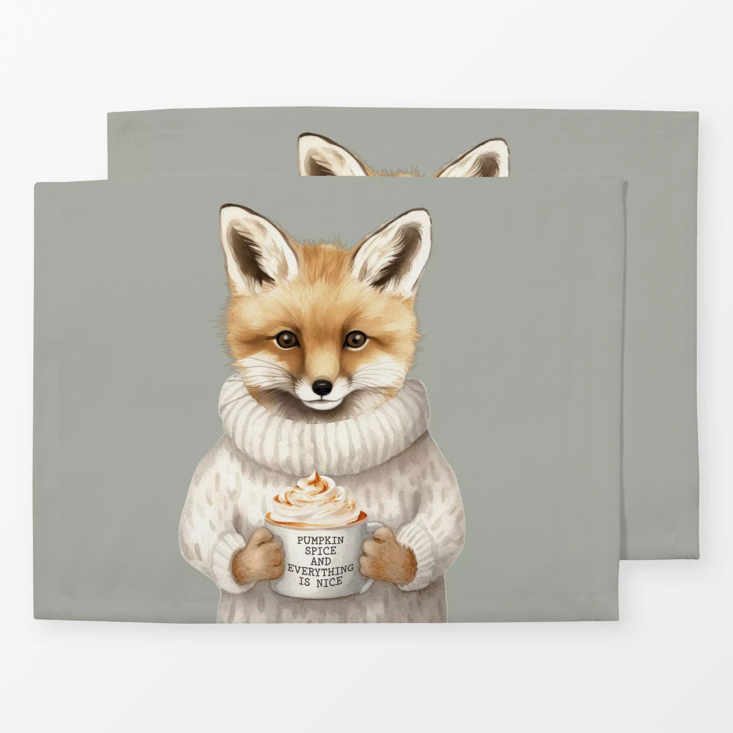 Tischset Cottage Herbst Fuchs mit Tasse - Tiere, Winter - von „Monika Strigel"; Fuchs, Wildtiere, Lustig, Herbst, Spruchkiss...
