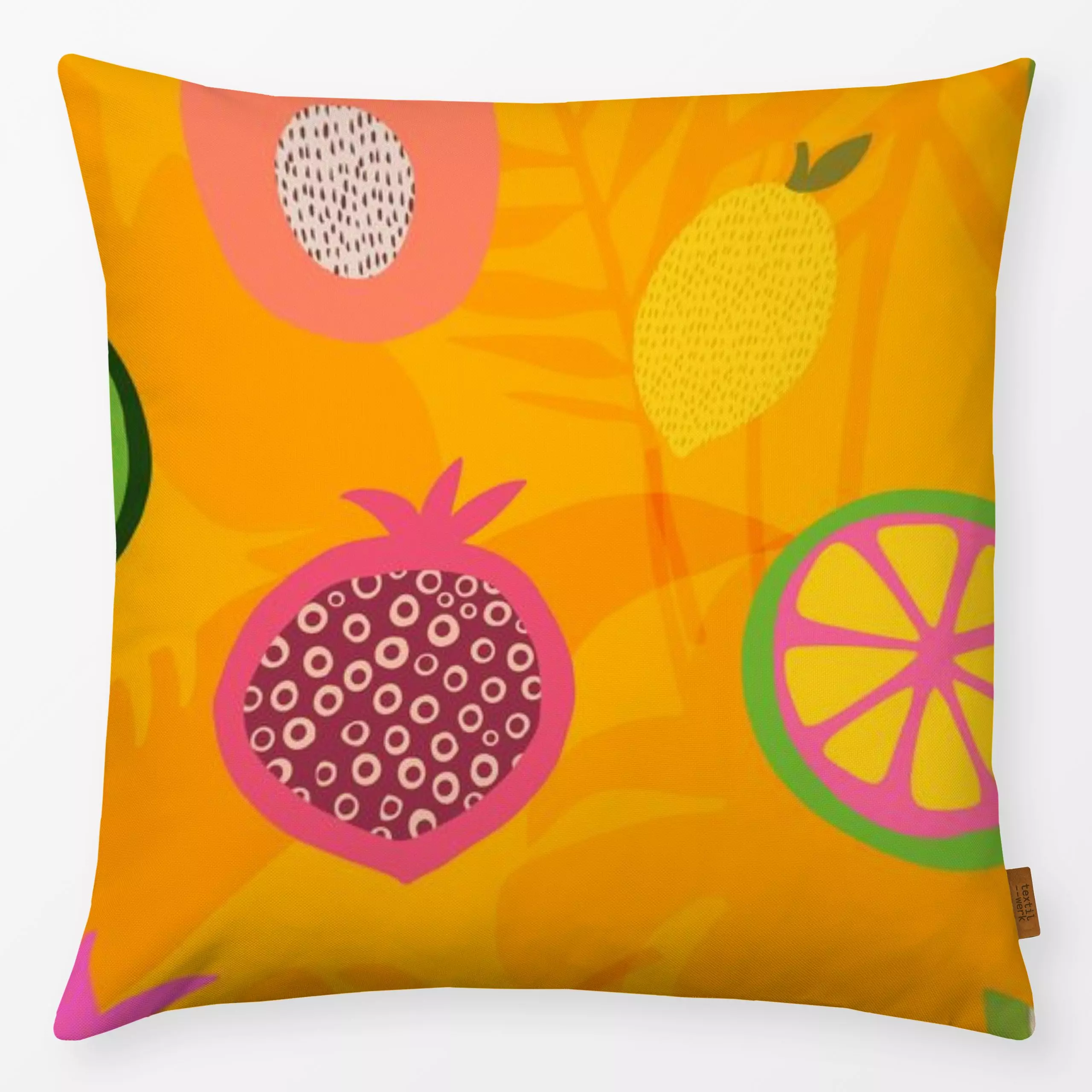 Kissen Tropical Fruit Garden orange - Sommer - von „Andrea Haase"; Obst, Palmen, Zitrone, Melone, Früchte, exotisch, Urlaub,...