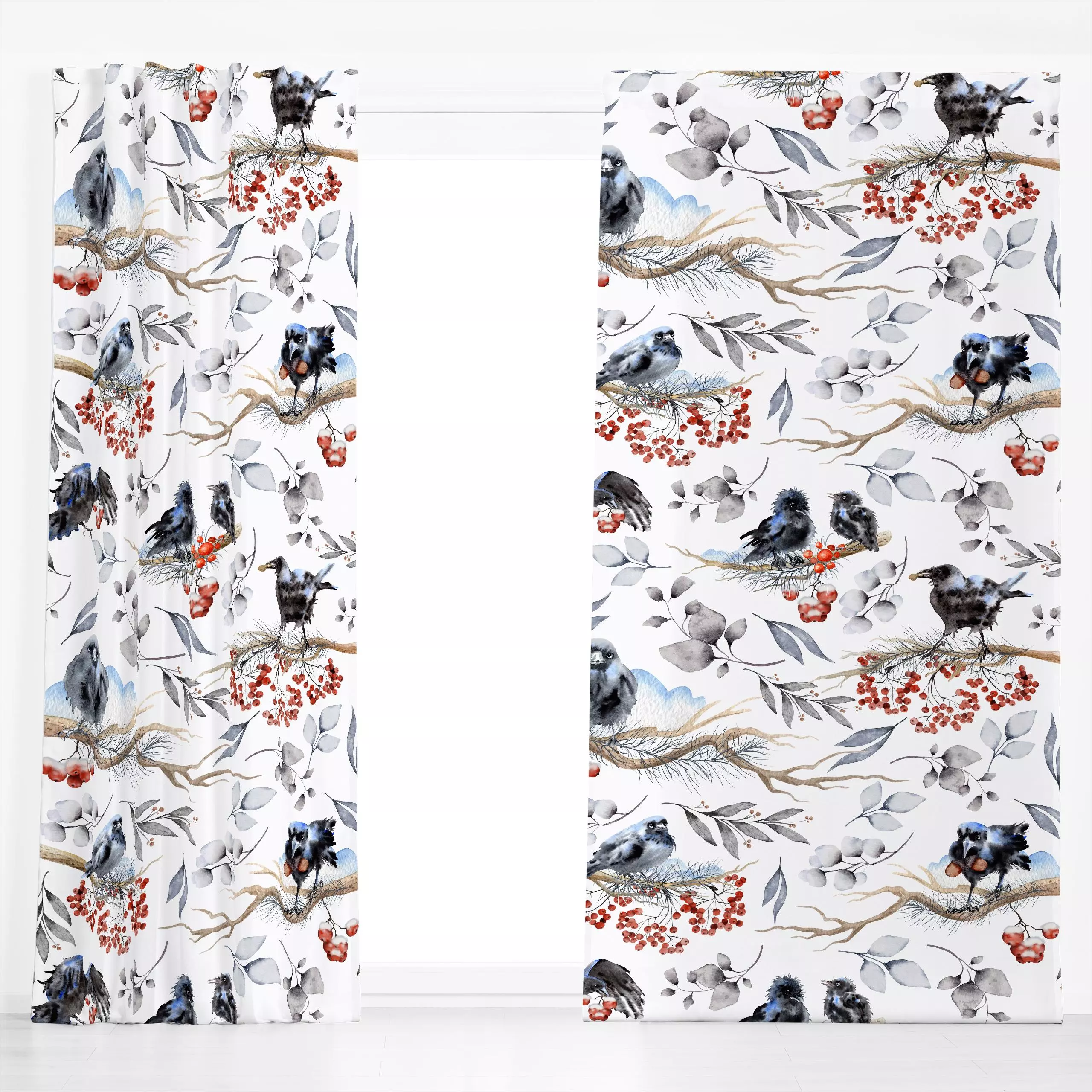 Dekovorhang Winter Raben Vögel - Tiere, Winter - von „Uta Naumann"; Muster, Kinder, Blätter, Zweige, Beeren, Weihnachten, we...