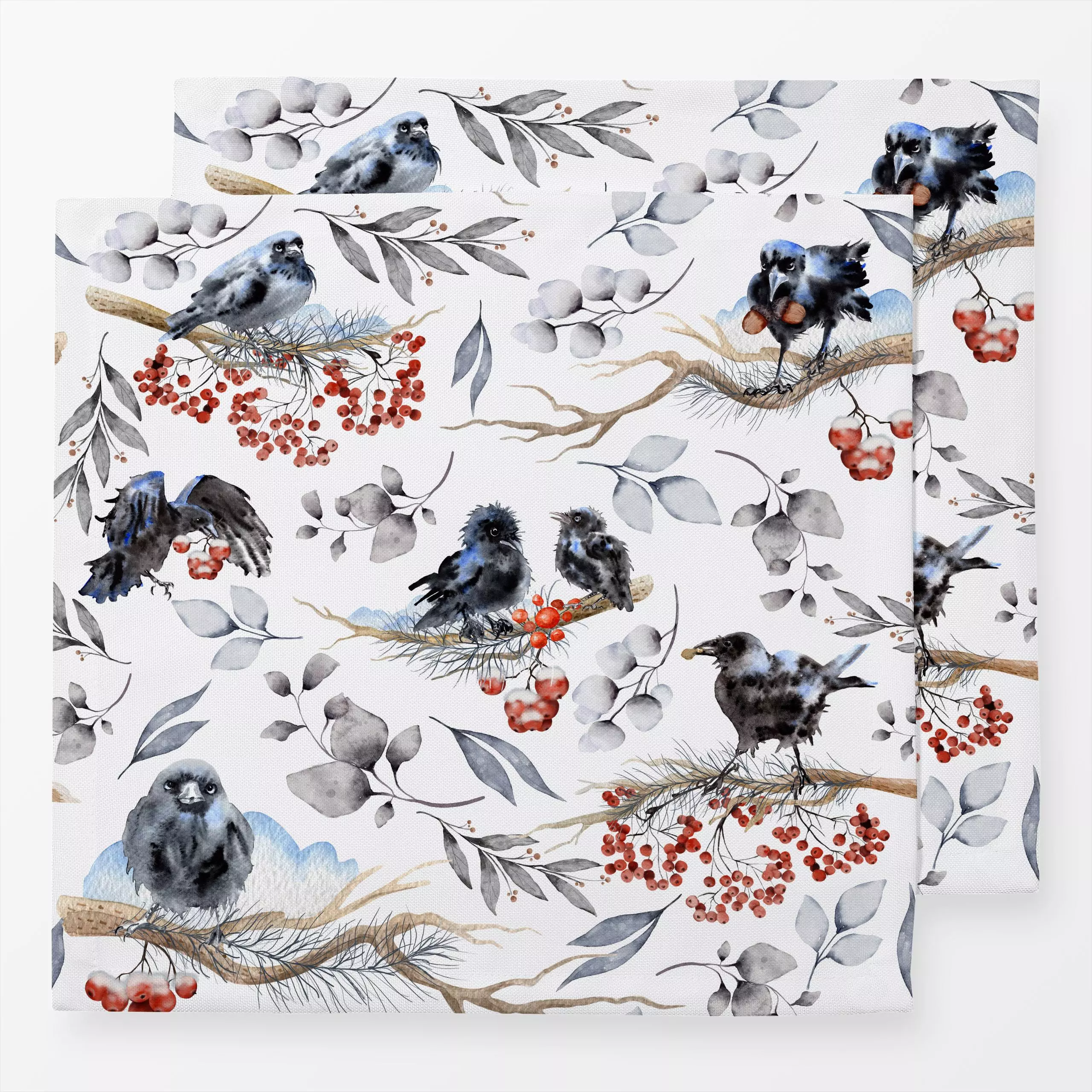 Servietten Winter Raben Vögel - Tiere, Winter - von „Uta Naumann"; Muster, Kinder, Blätter, Zweige, Beeren, Weihnachten, wei...