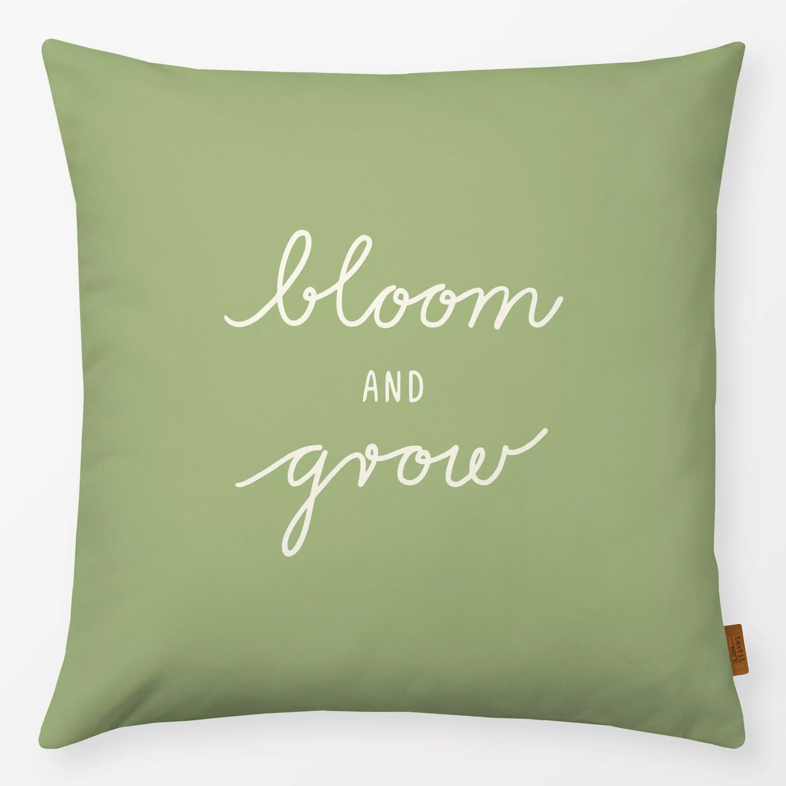 Kissen Bloom And Grow grün beige - Frühling, Sprüche & Schriftzüge - von „Kathrin Woo"; verspielt, Spruchkissen, Handletteri...