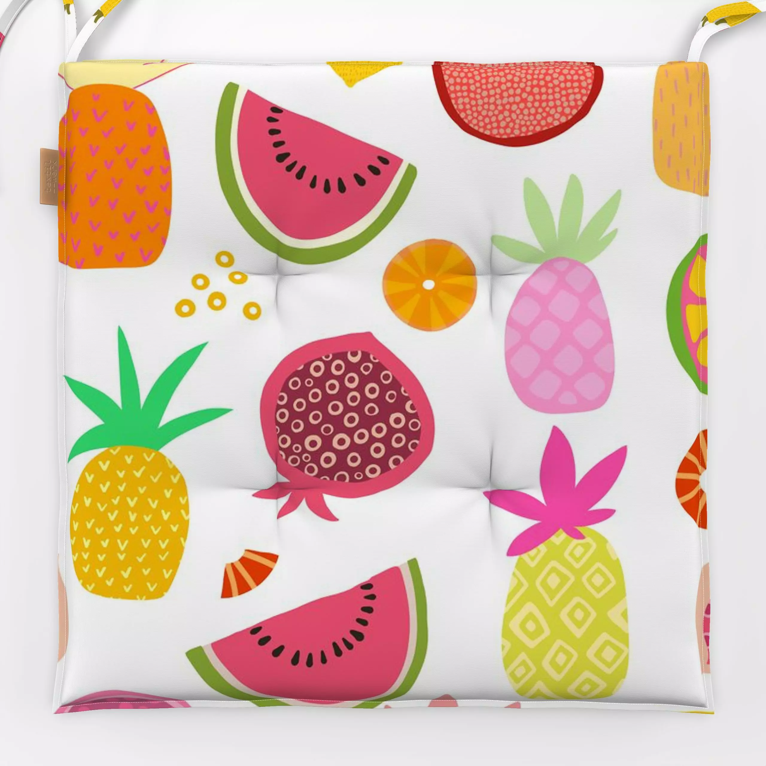 Sitzkissen Exotic Fruit Paradise white - Sommer - von „Andrea Haase"; Frucht, Obst, Bananenpalme, Ananas, Melone, tropisch, ...