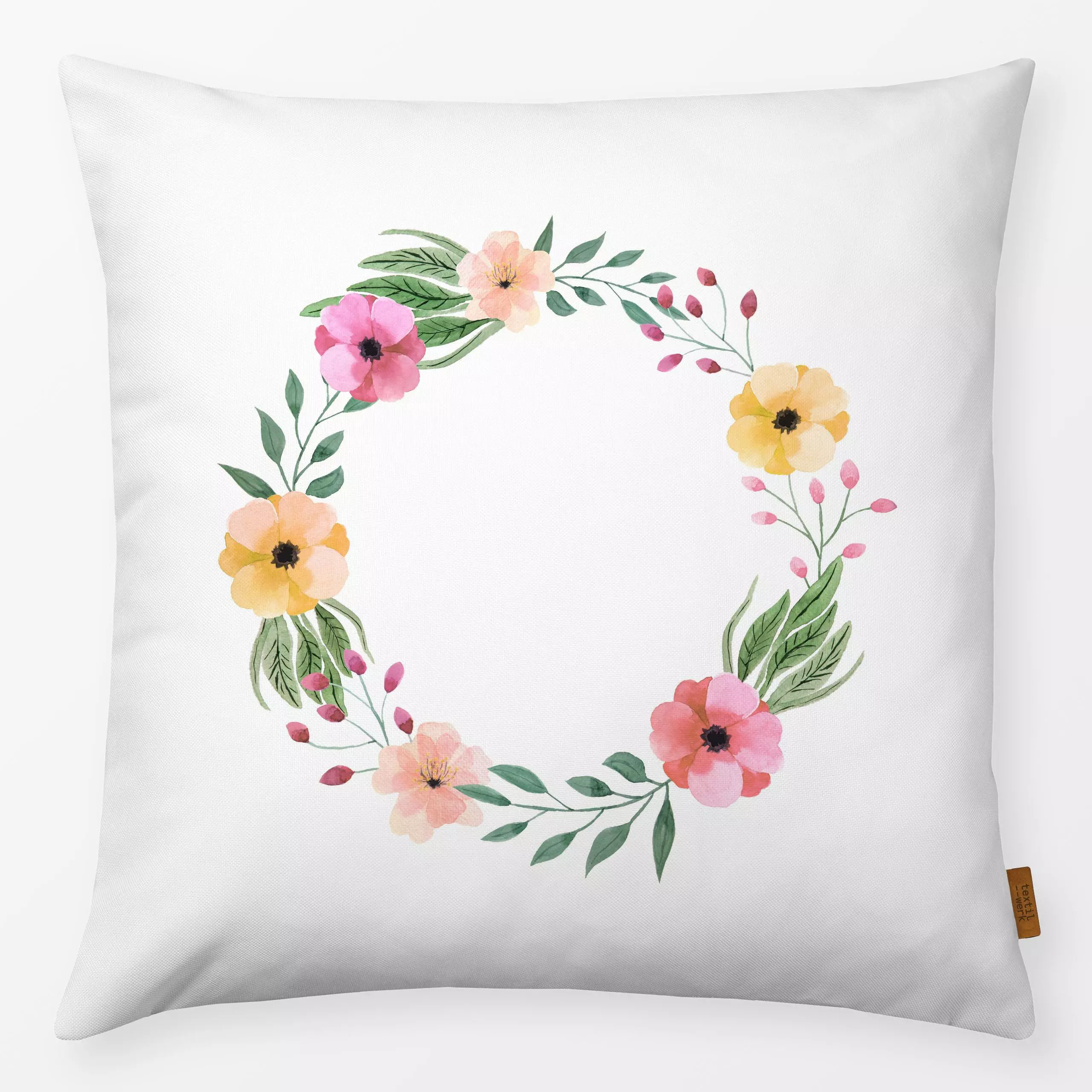 Kissen Floral Watercolor Wreath - Blumen & Florales, Frühling, Pflanzen & Botanik - von „Karen Menzenbach"; Aquarell, Blumen...