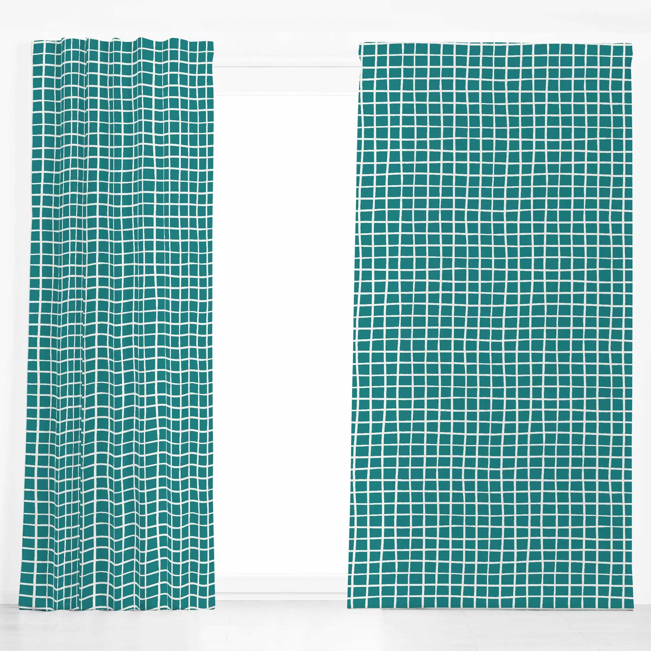 Dekovorhang Grid | Allover | grün - Frühling, Symbole & Muster - von „moDeern Design Studio"; Geometrisch, grid, blaugrun, S...