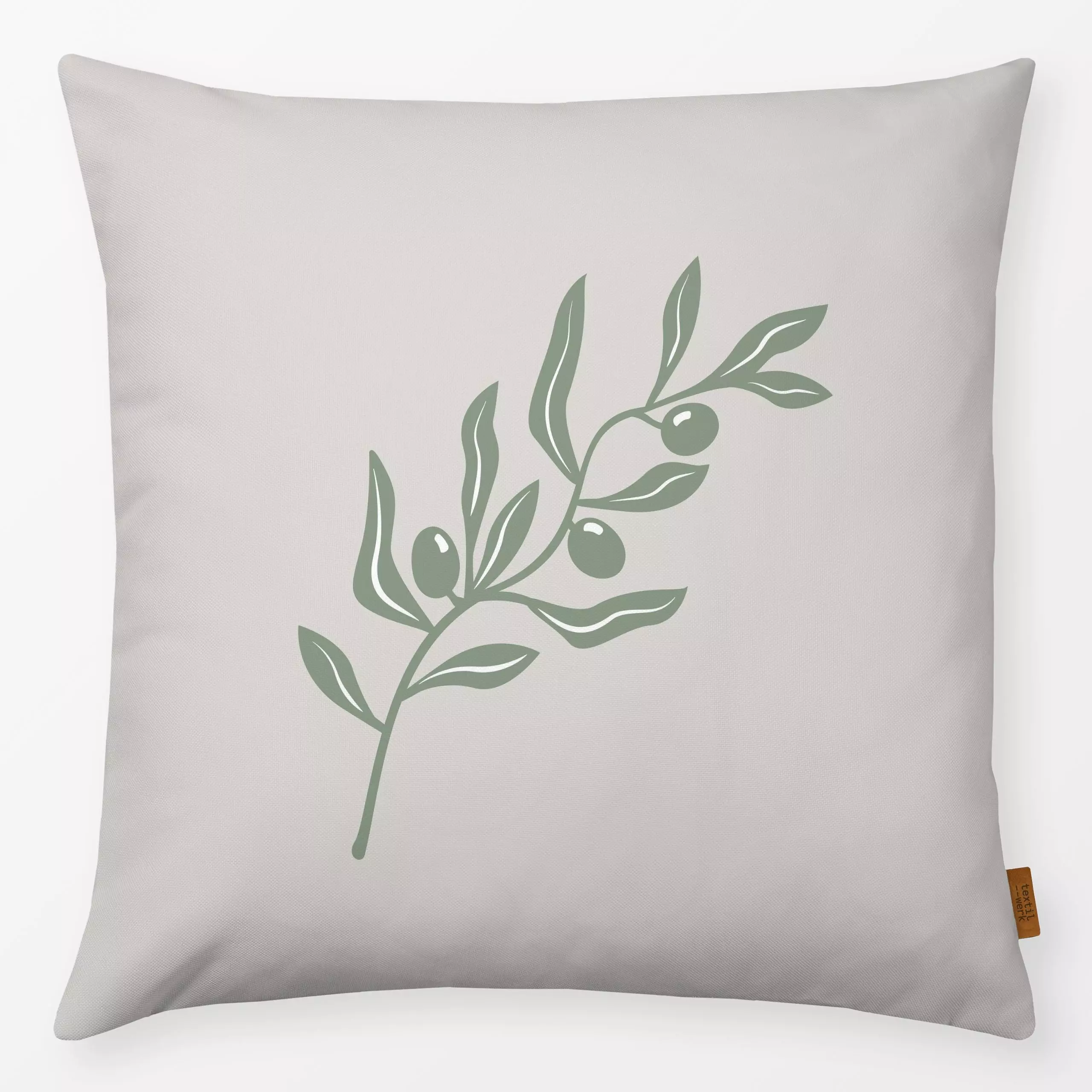 Kissen Elia bez - Blumen & Florales, Pflanzen & Botanik - von „Karen Menzenbach"; Pflanzen, Olive / Olivenbaum, Garten, Oliv...