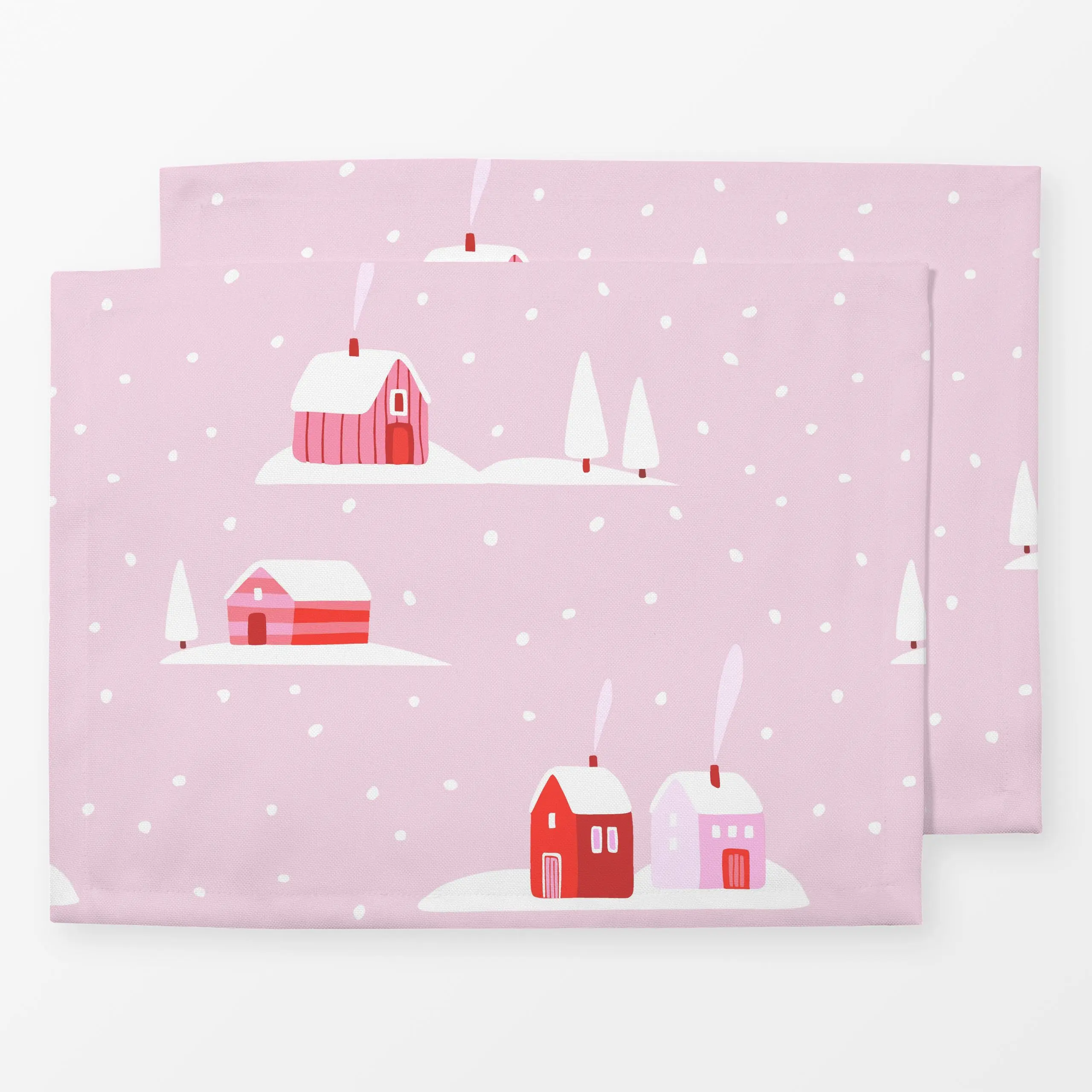 Tischset Nordische Häuser Pink Rot - Weihnachten, Winter - von „Monika Strigel"; rosa, Weihnachten, Scandianvian, Winter, pi...