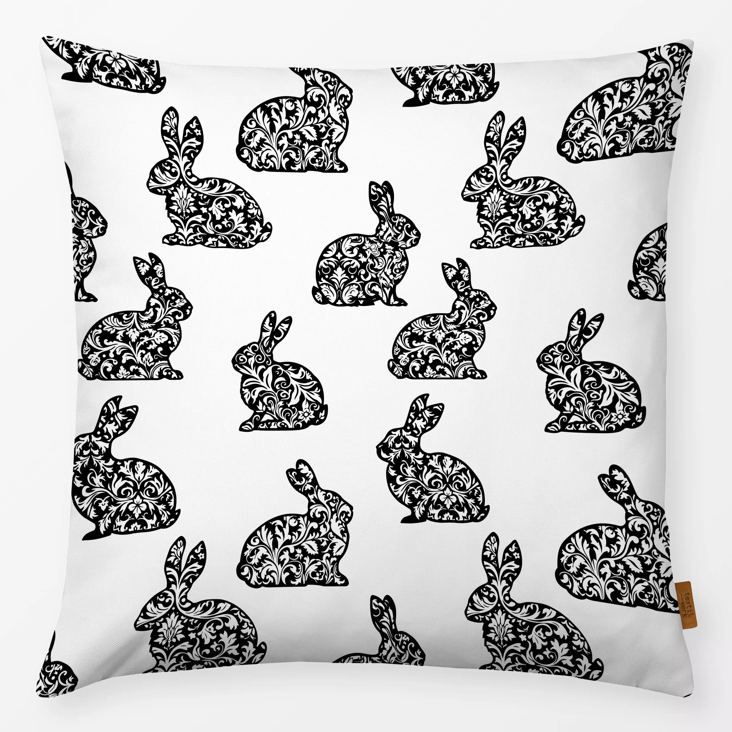 Kissen Damask Bunnies Black White - Frühling, Tiere - von „Andrea Haase“; Hase, vintage, Osterhase, Nostalgie, bunny, Osterd...