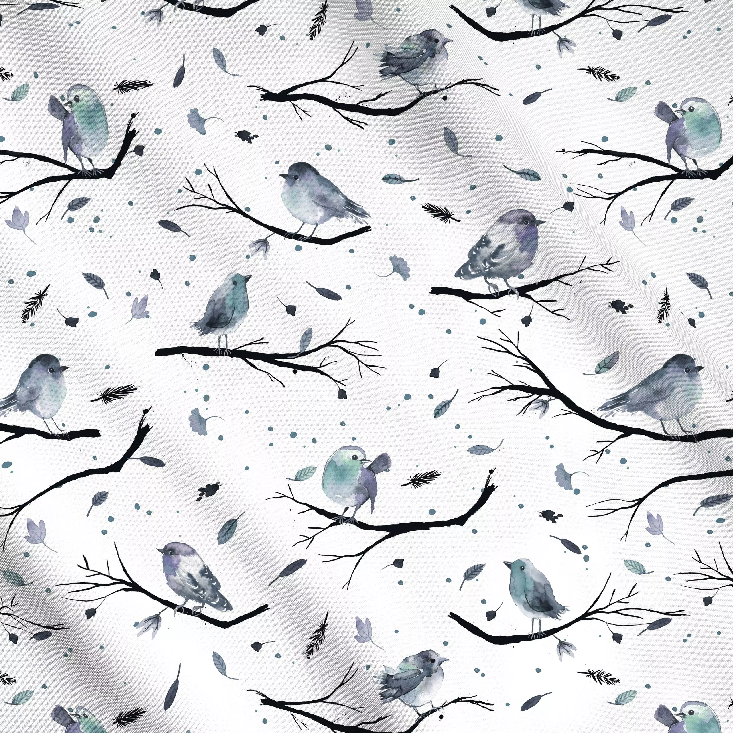 Meterware Winter Bird Branches White - Kinderzimmer & Motive für Kinder, Tiere, Winter - von „Ninola Design "; Vogel, Rotkeh...