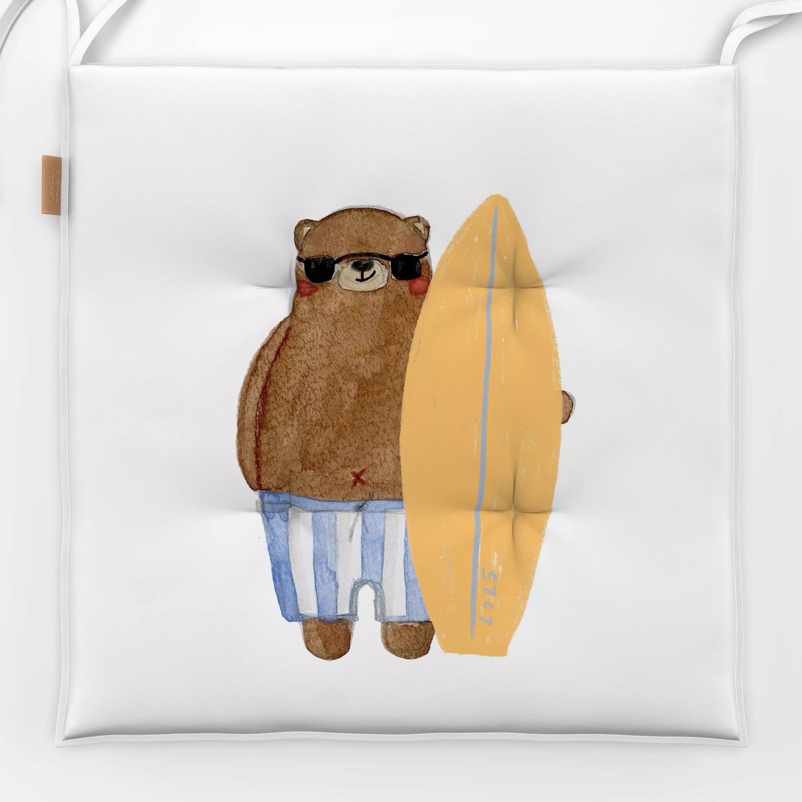 Sitzkissen Sommer vibes Bär mit Surfbrett - Sommer, Sport - von „Lena Yokota"; Illustration, Bär, Tiere, Kinderzimmer, Somme...