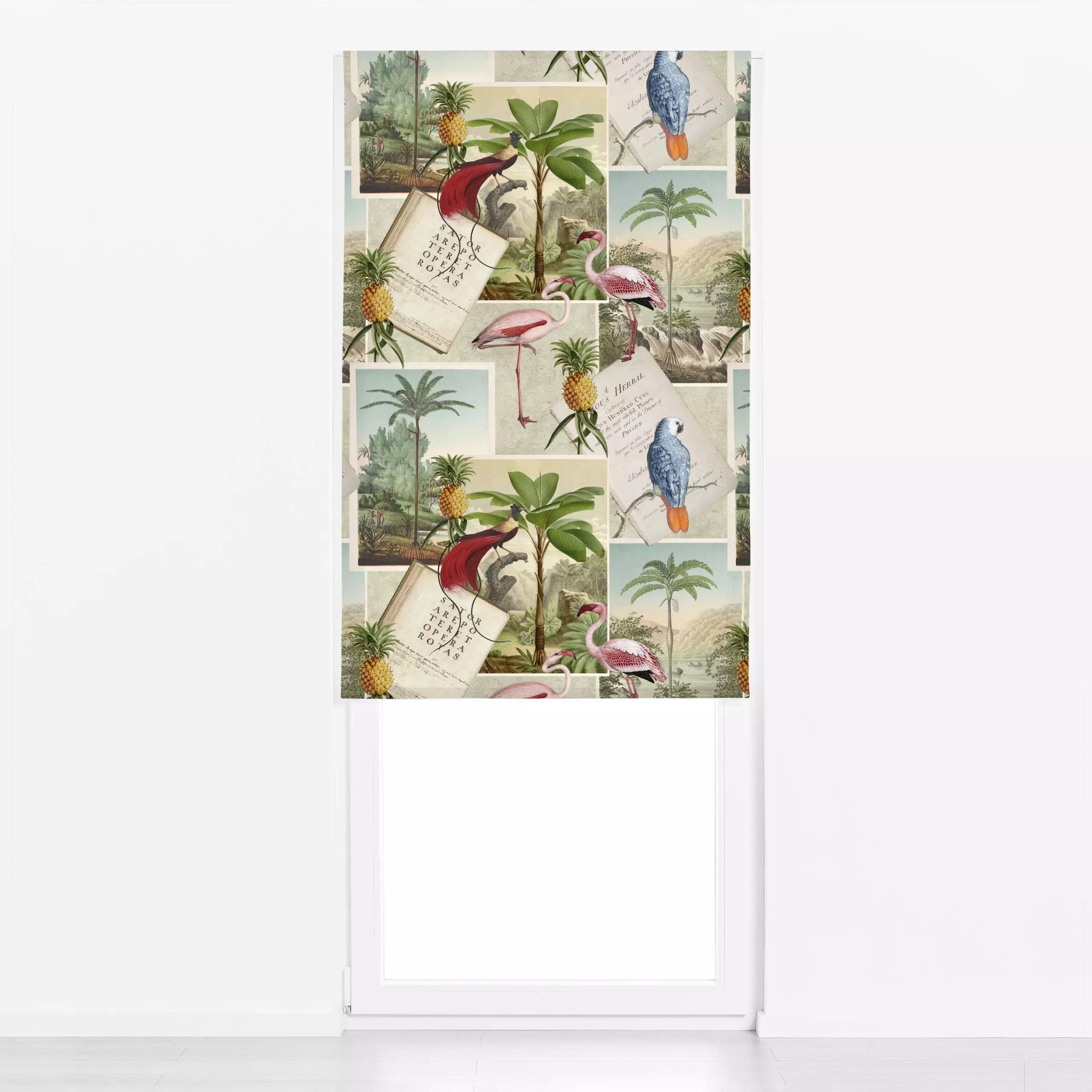 Raffrollo Nostalgisch Reise - Natur & Landschaft, Tiere - von „Andrea Haase"; Palmen, Vogel, Flamingo, Papagei, vintage, lan...