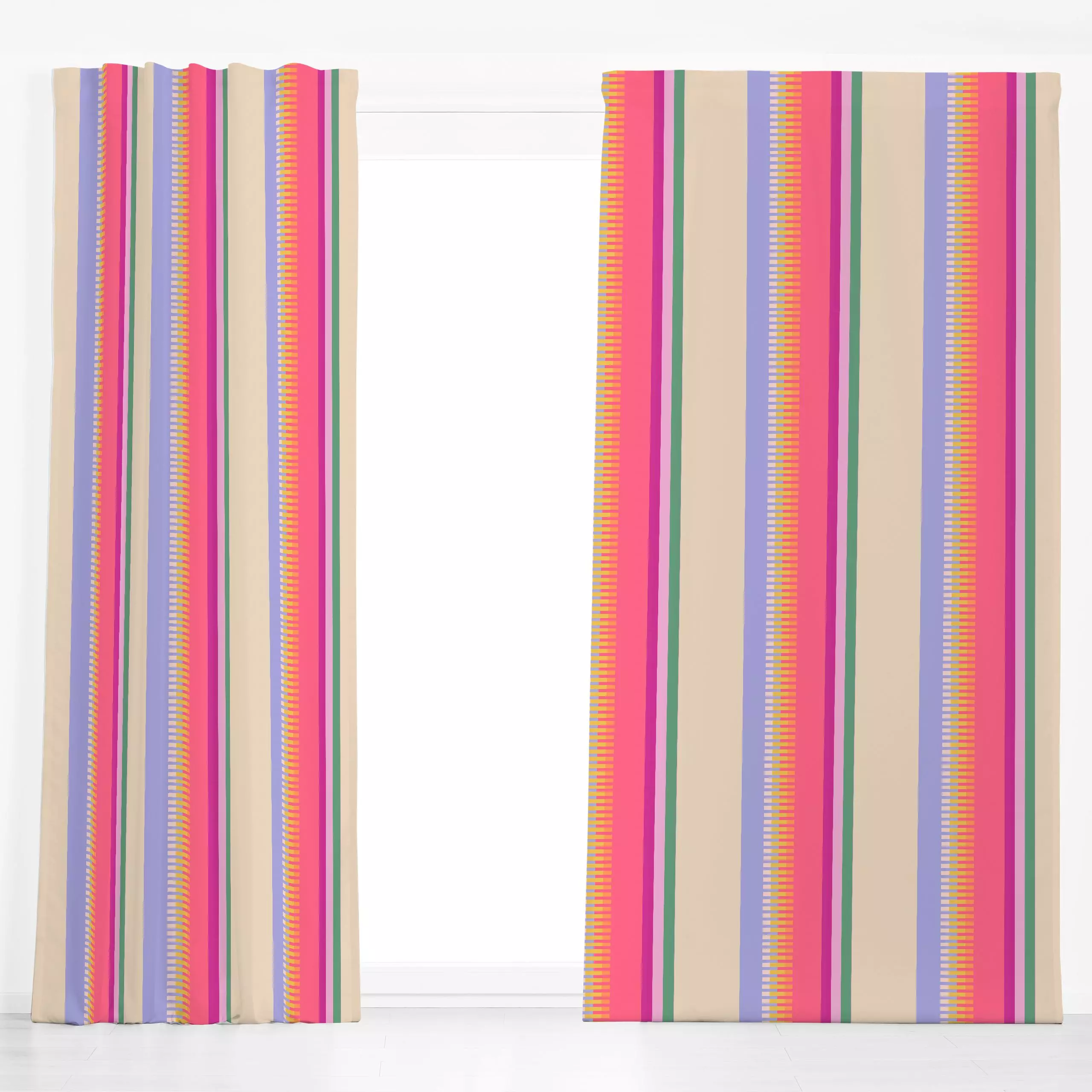 Dekovorhang Warmer Sommer Streifen - Sommer, Symbole & Muster - von „Alisa Knöß"; Streifen, beige, pink, gelb, hellblau, gru...