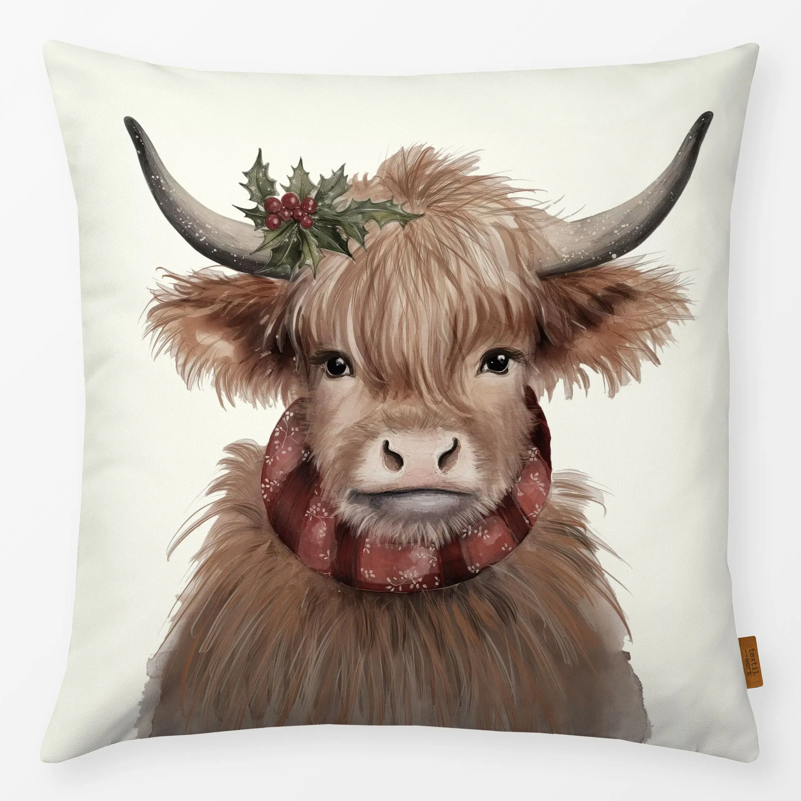 Kissen Kuh Zottel AlpenChic Beige - Tiere, Weihnachten, Winter - von „Monika Strigel"; Kuh, Weihnachten, niedlich, Winter, w...