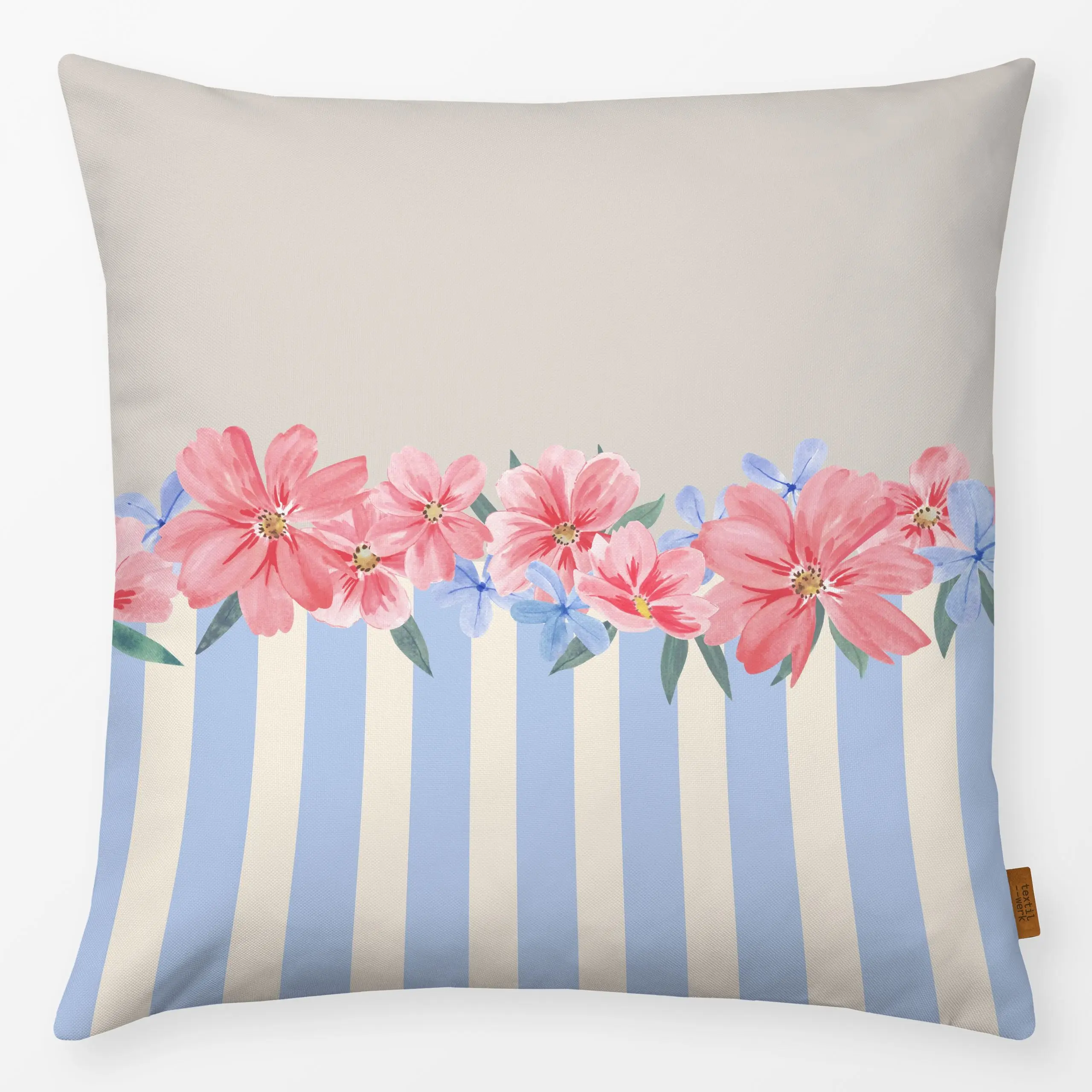 Kissen Blumenborte blau beige - Blumen & Florales, Frühling, Symbole & Muster - von „Katrin Graff"; Blumen, Blüten, modern, ...