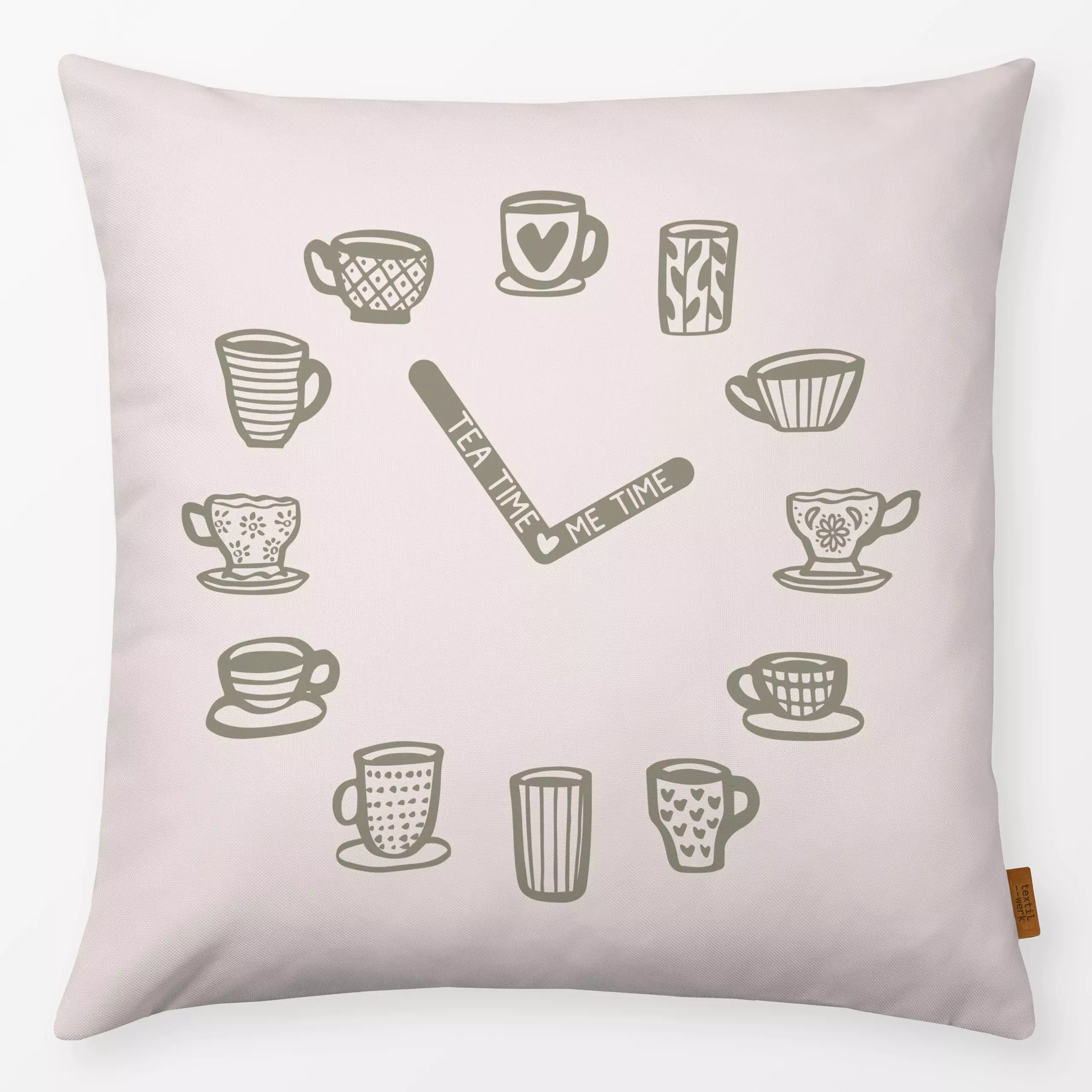 Kissen Tea Time Me Time Grün - Herbst, Sprüche & Schriftzüge, Küche, Essen & Trinken - von „Kathrin Woo"; modern, Spruchkiss...