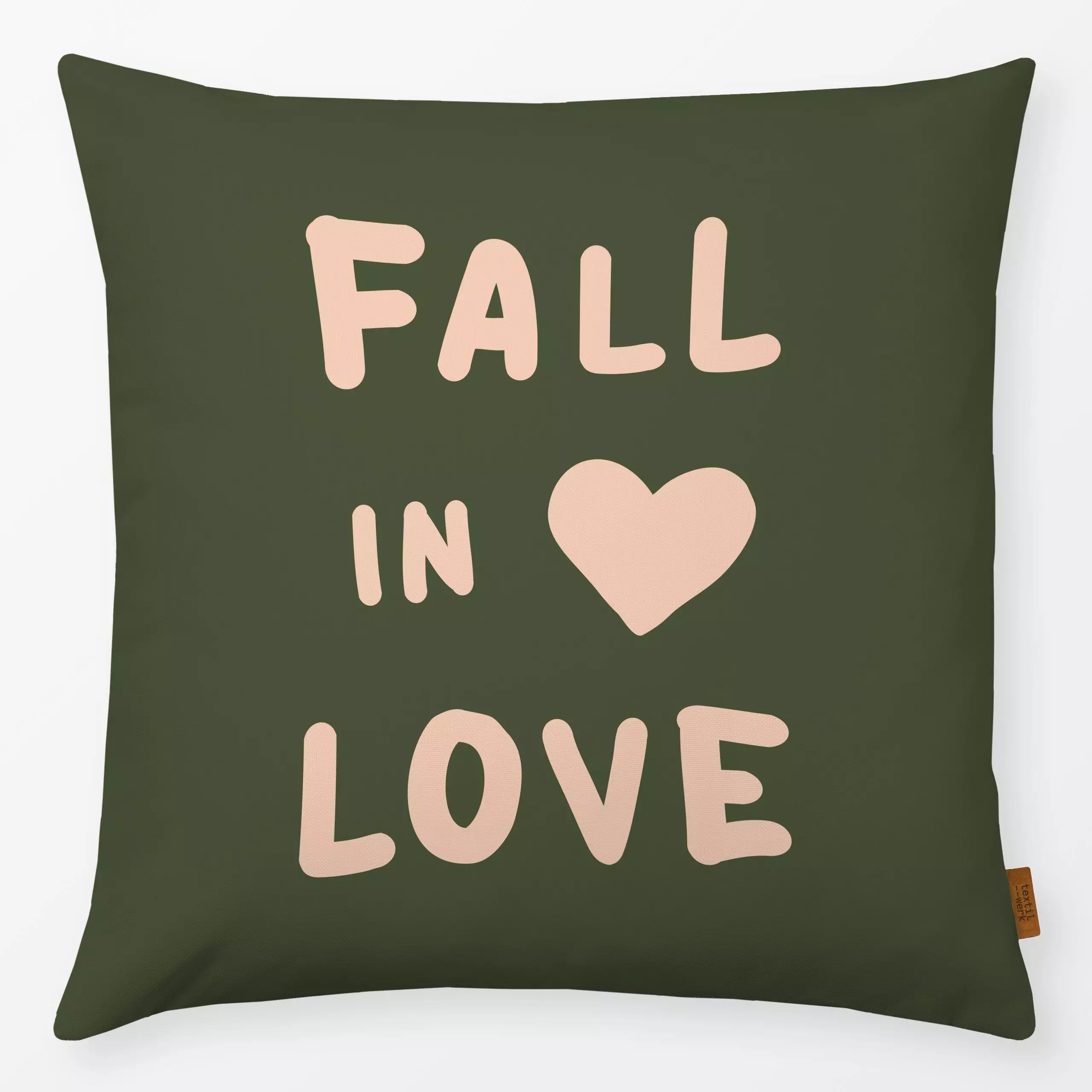 Kissen Fall in Love green - Herbst, Liebe, Romantik & Pride, Sprüche & Schriftzüge - von „Karen Menzenbach"; altrosa, Love, ...