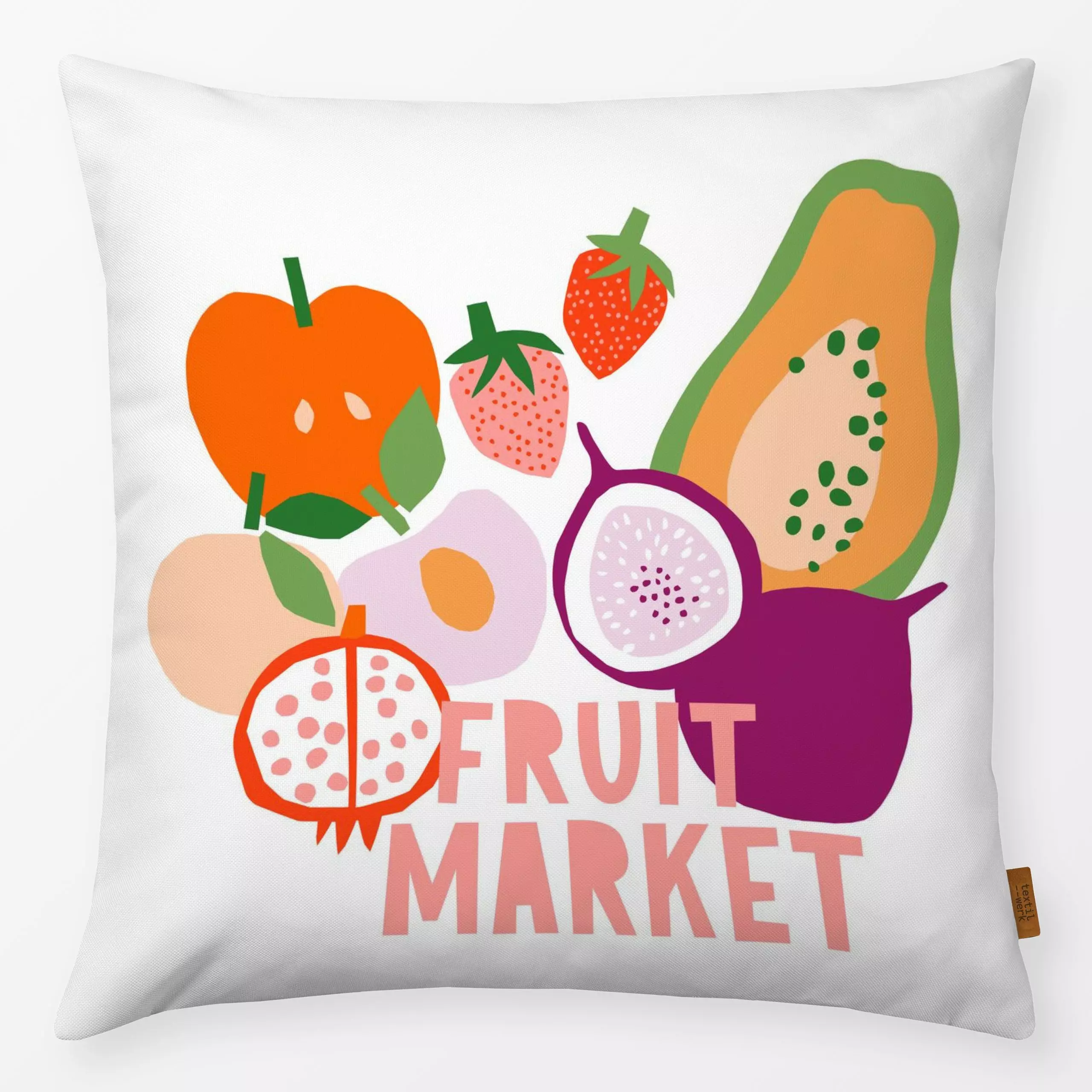 Kissen Fruit market - von „Lisa Jasmin Bauer"; Papaya, Frucht, Obst, Granatapfel, Erdbeeren, Apfel, Pfirsich, Sommerlich, Ga...