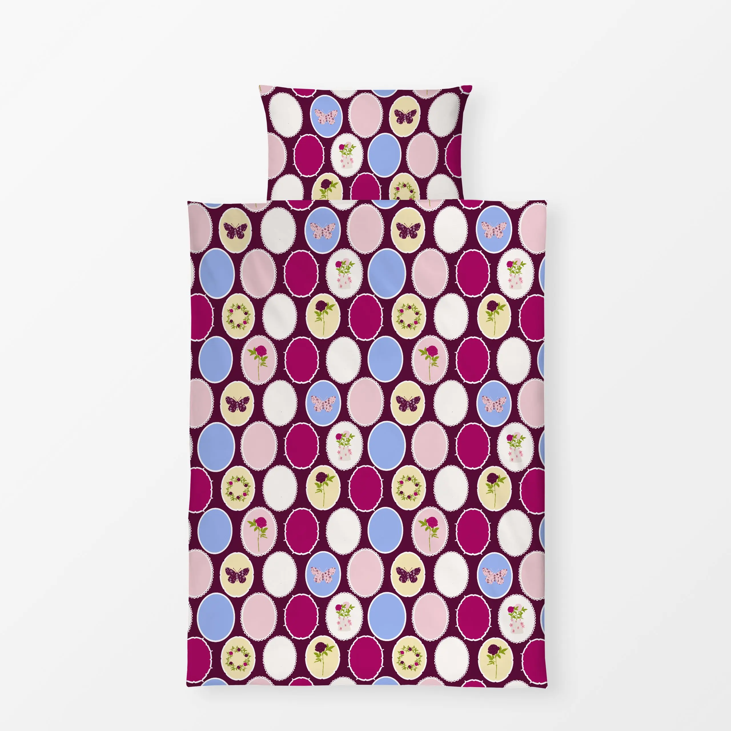 Bettwäsche Bilderrahmen Pattern Burgundy - Blumen & Florales, Sommer, Tiere - von „Sophie Augustin Illustration"; Rosen, Pfi...