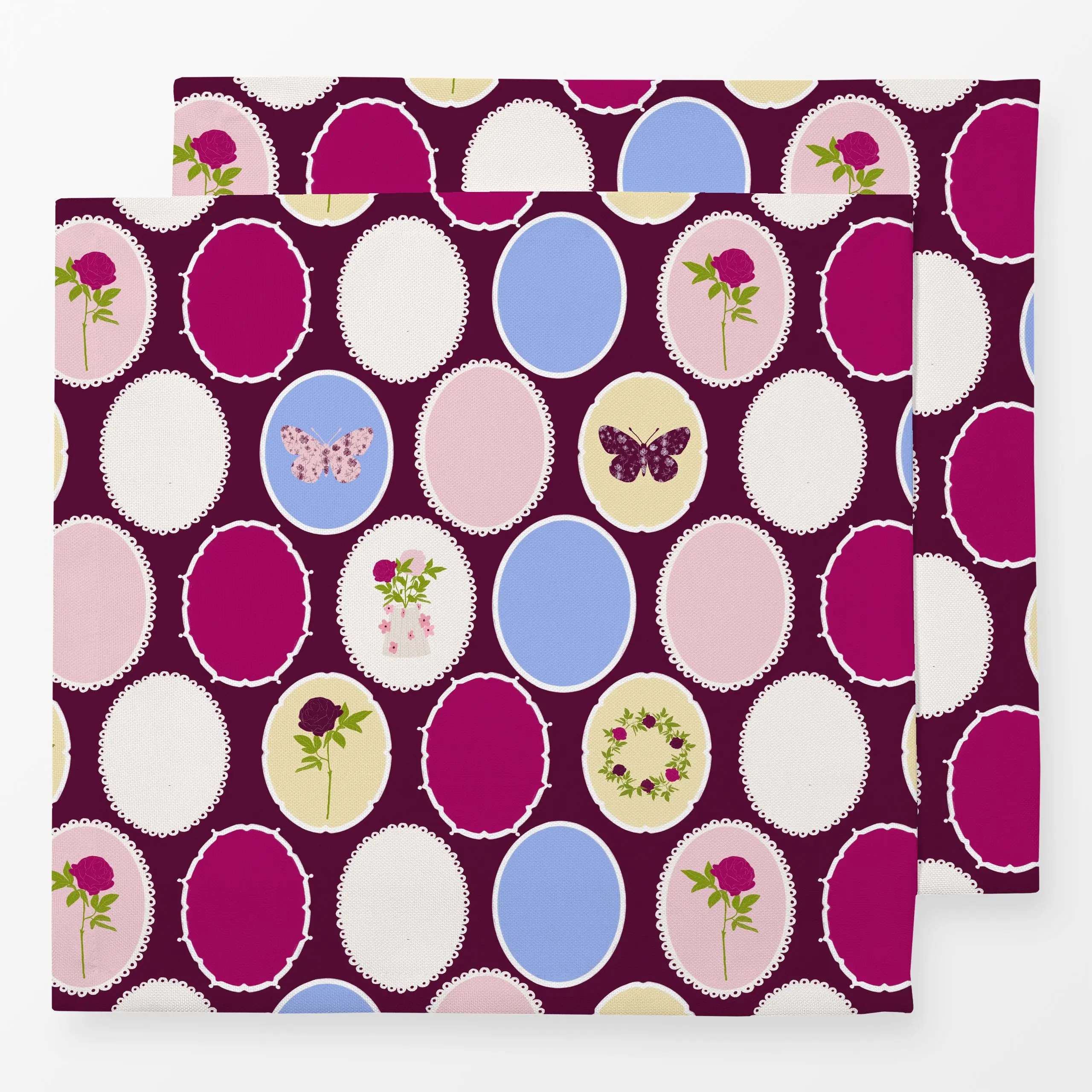 Servietten Bilderrahmen Pattern Burgundy - Blumen & Florales, Sommer, Tiere - von „Sophie Augustin Illustration"; Rosen, Pfi...