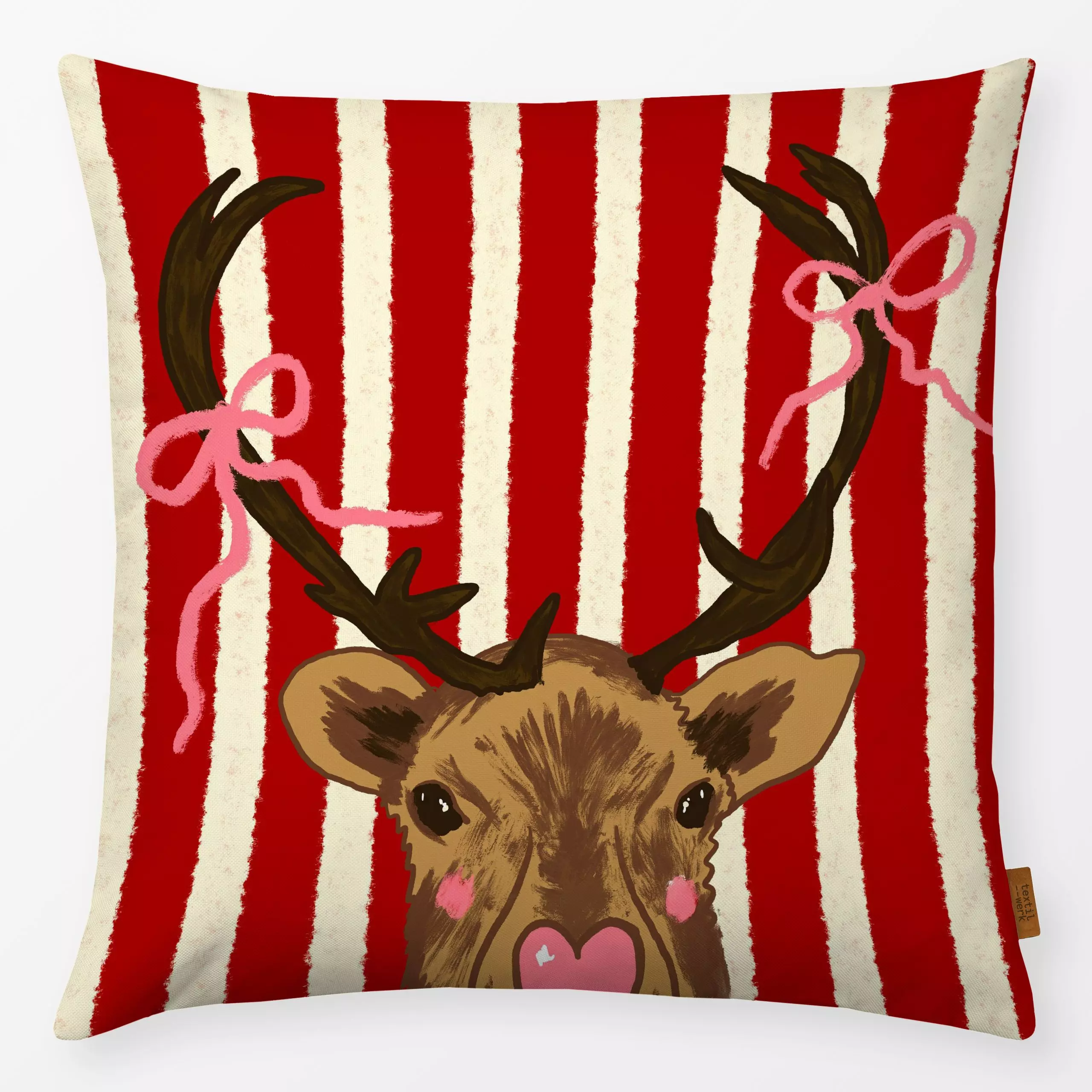 Kissen Rentier gestreift rot rosa - Tiere, Weihnachten - von „Studio Dolci"; rosa, Rentier, Weihnachten, rot, Weihnachtsdeko...