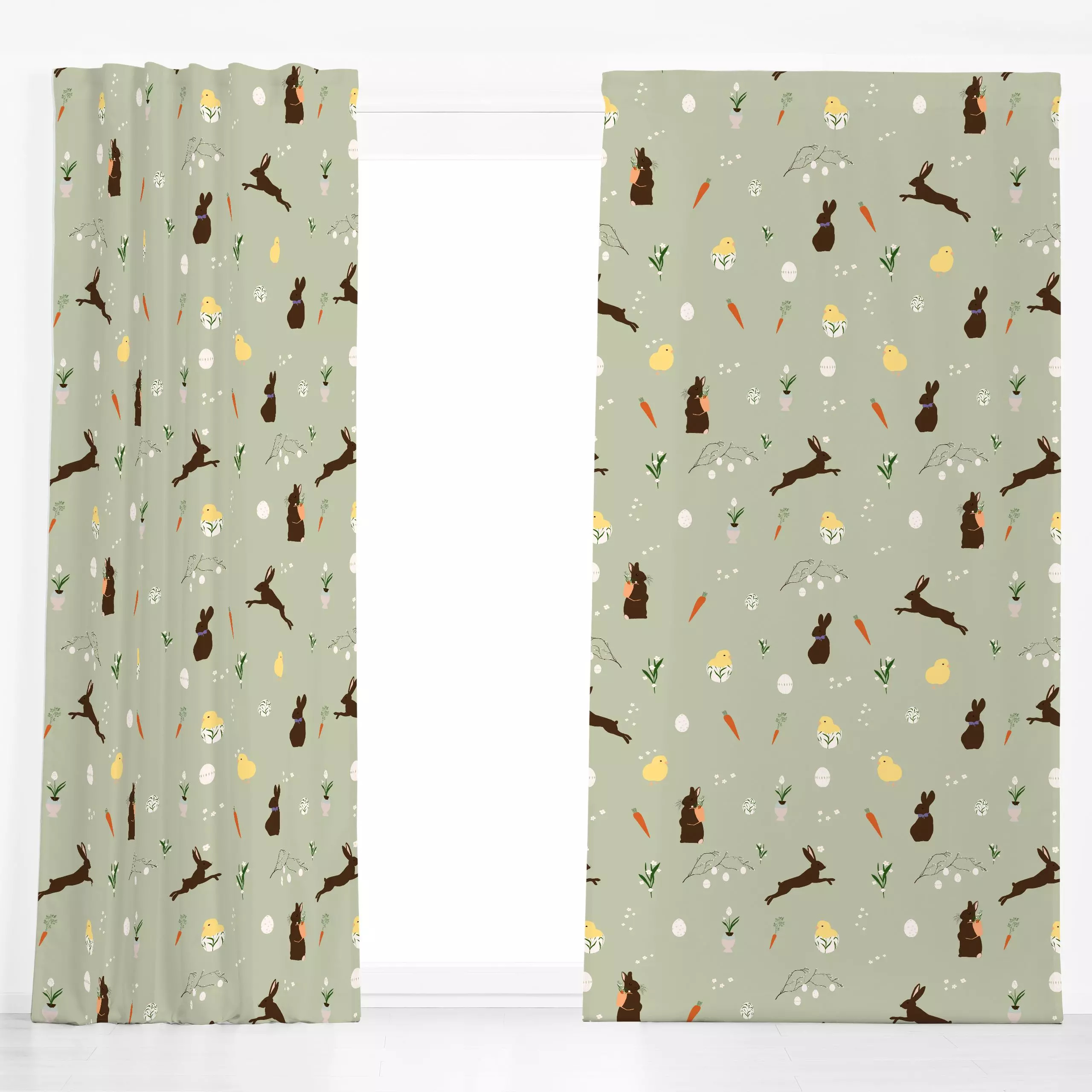 Dekovorhang Ostern Muster Dunkel - Frühling - von „Sophie Augustin Illustration"; Blumen, Ostern, Osterhase, Ostereier, Froh...