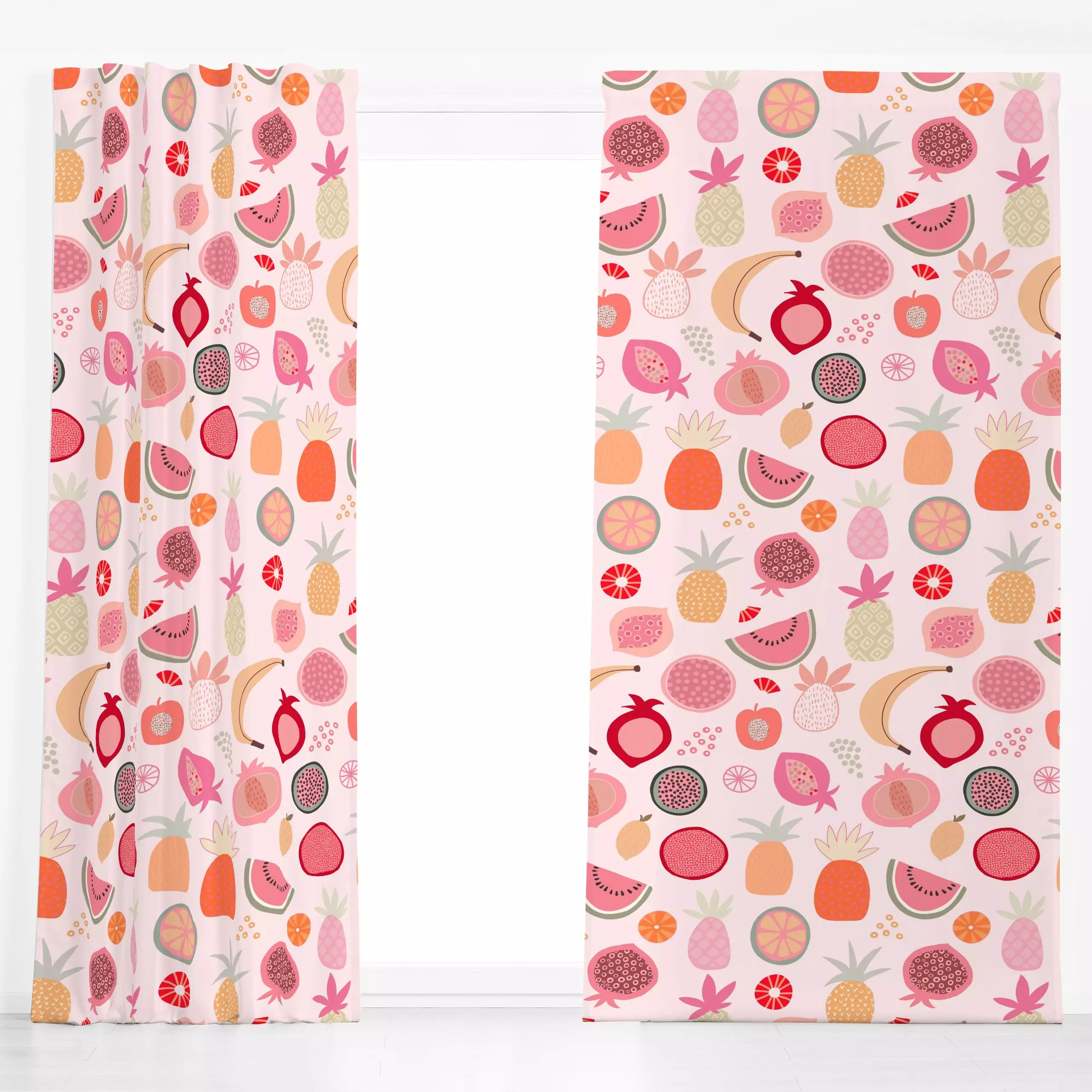 Dekovorhang Exotic Fruit Paradise pink - Sommer - von „Andrea Haase"; Frucht, Obst, Bananenpalme, Ananas, Melone, tropisch, ...