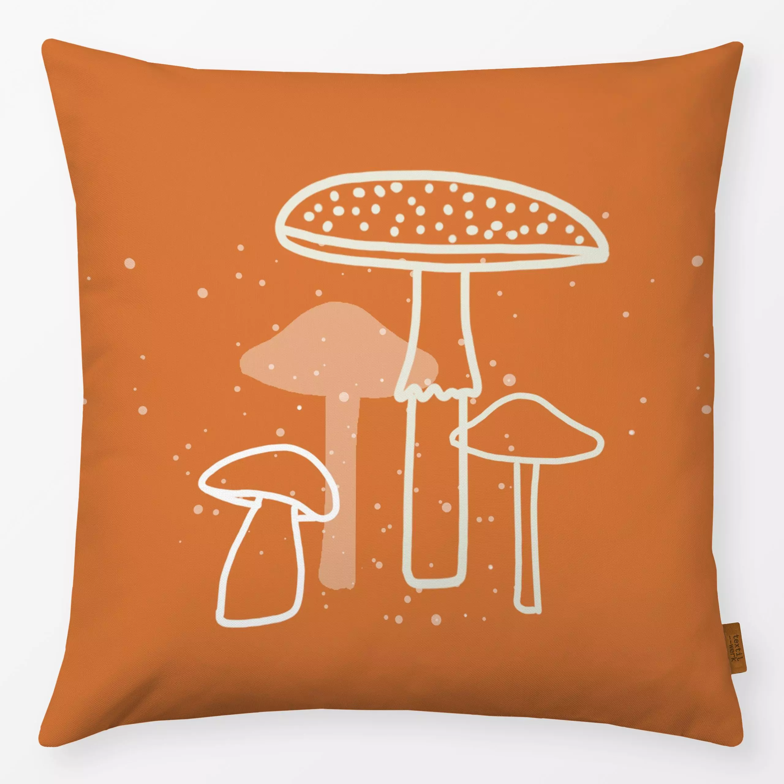 Kissen Pilze Terrakotta - Herbst - von „Julia Reyelt"; boho, Muster, minimal, linie, Herbstdeko, pilze, herbstlich, Fliegenp...