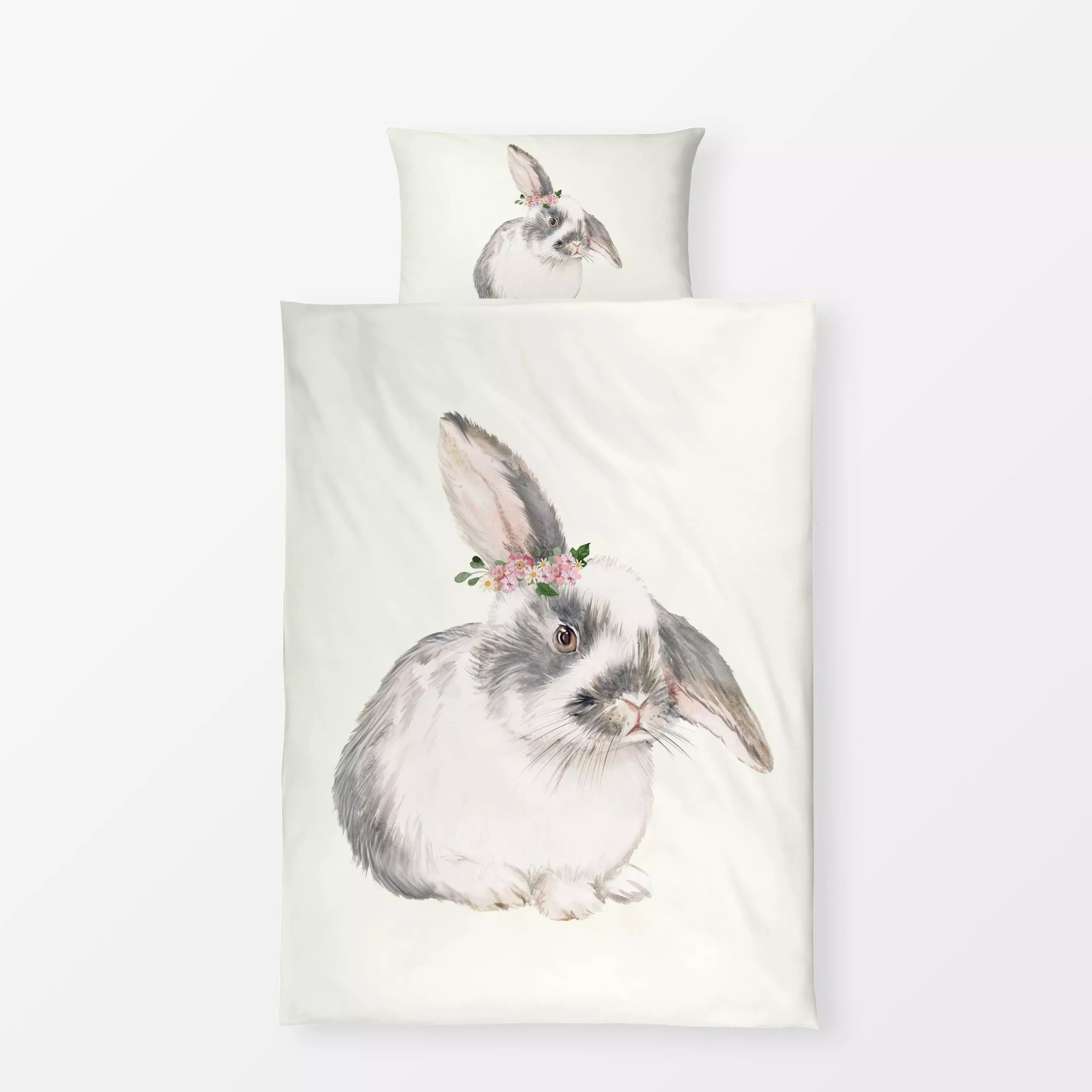 Bettwäsche Hase mit Blumenkranz Schlappi - Frühling, Kinderzimmer & Motive für Kinder, Tiere, Ostern - von „Monika Strigel";...