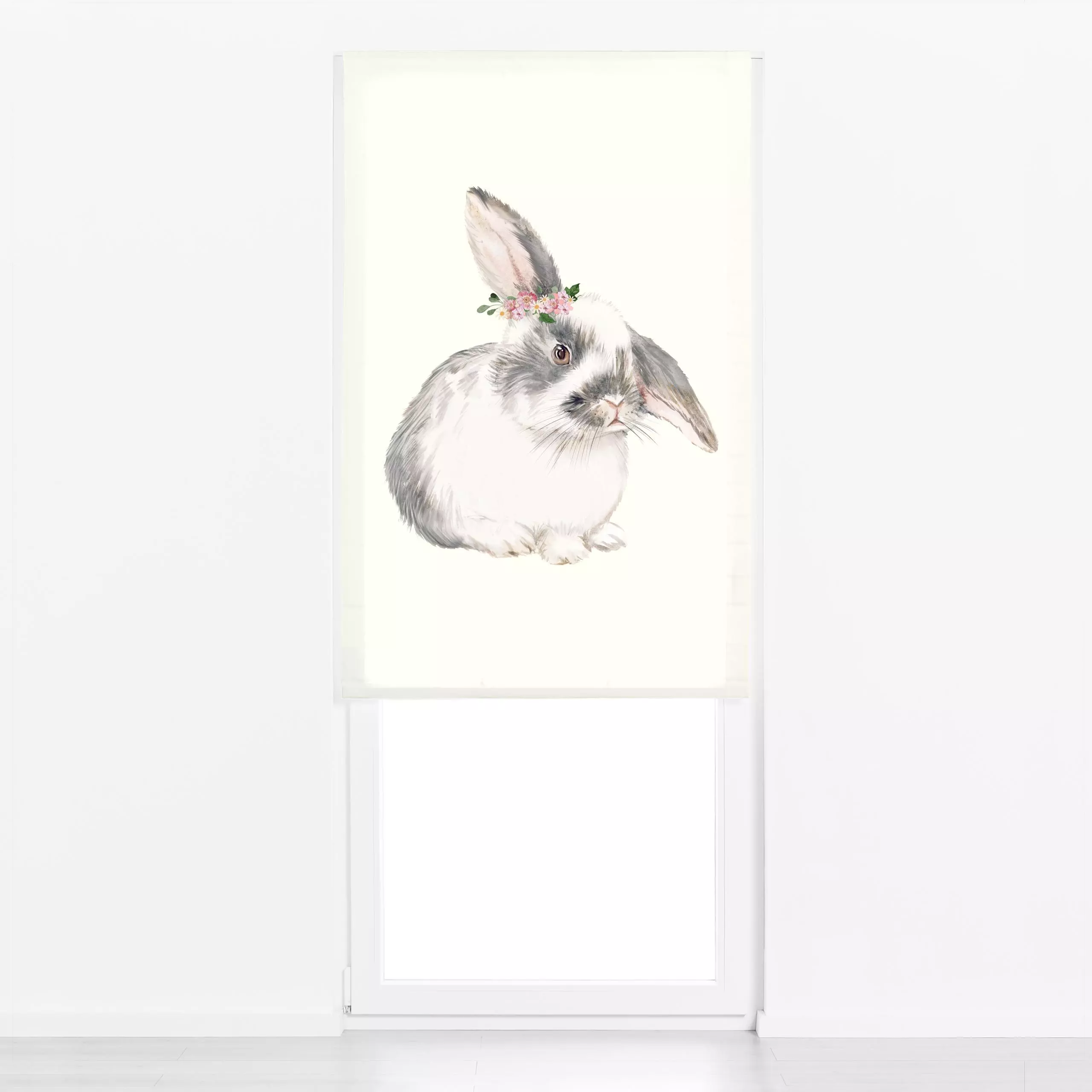 Raffrollo Hase mit Blumenkranz Schlappi - Frühling, Kinderzimmer & Motive für Kinder, Tiere, Ostern - von „Monika Strigel"; ...