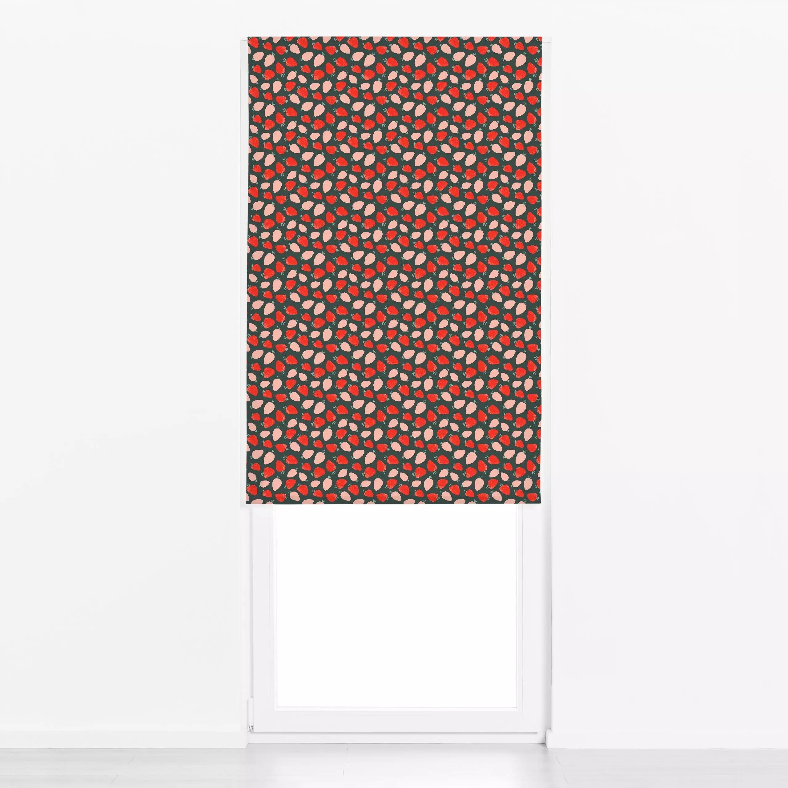 Raffrollo Sommertag Erdbeeren Dark Green - Sommer - von „Lena Yokota"; Muster, Illustration, Erdbeeren, Früchte, Sommer, Sum...