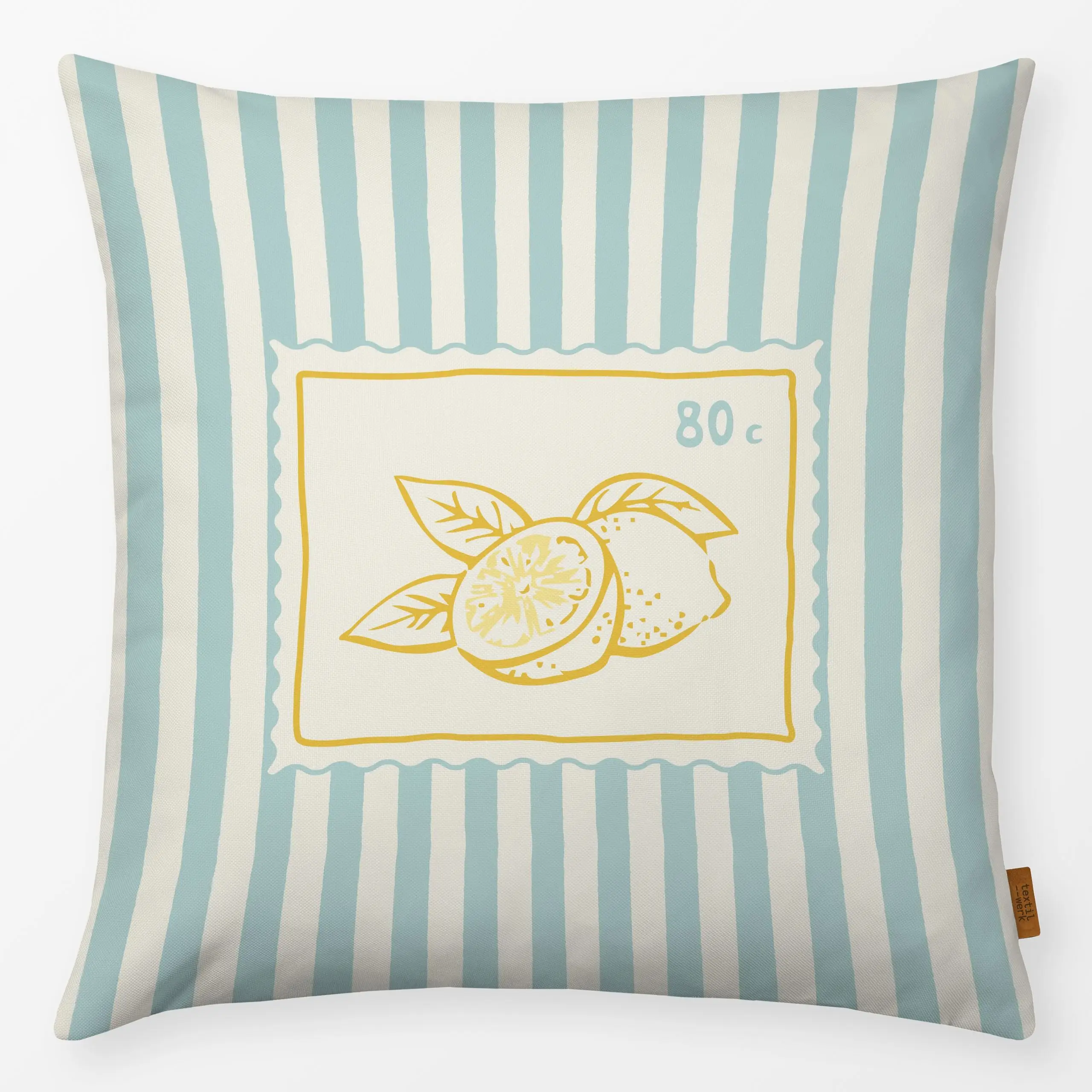 Kissen Briefmarke Zitrone gestreift - Sommer, Symbole & Muster, Früchte - von „Katrin Graff"; Zitrone, Urlaub, lemon, hellbl...
