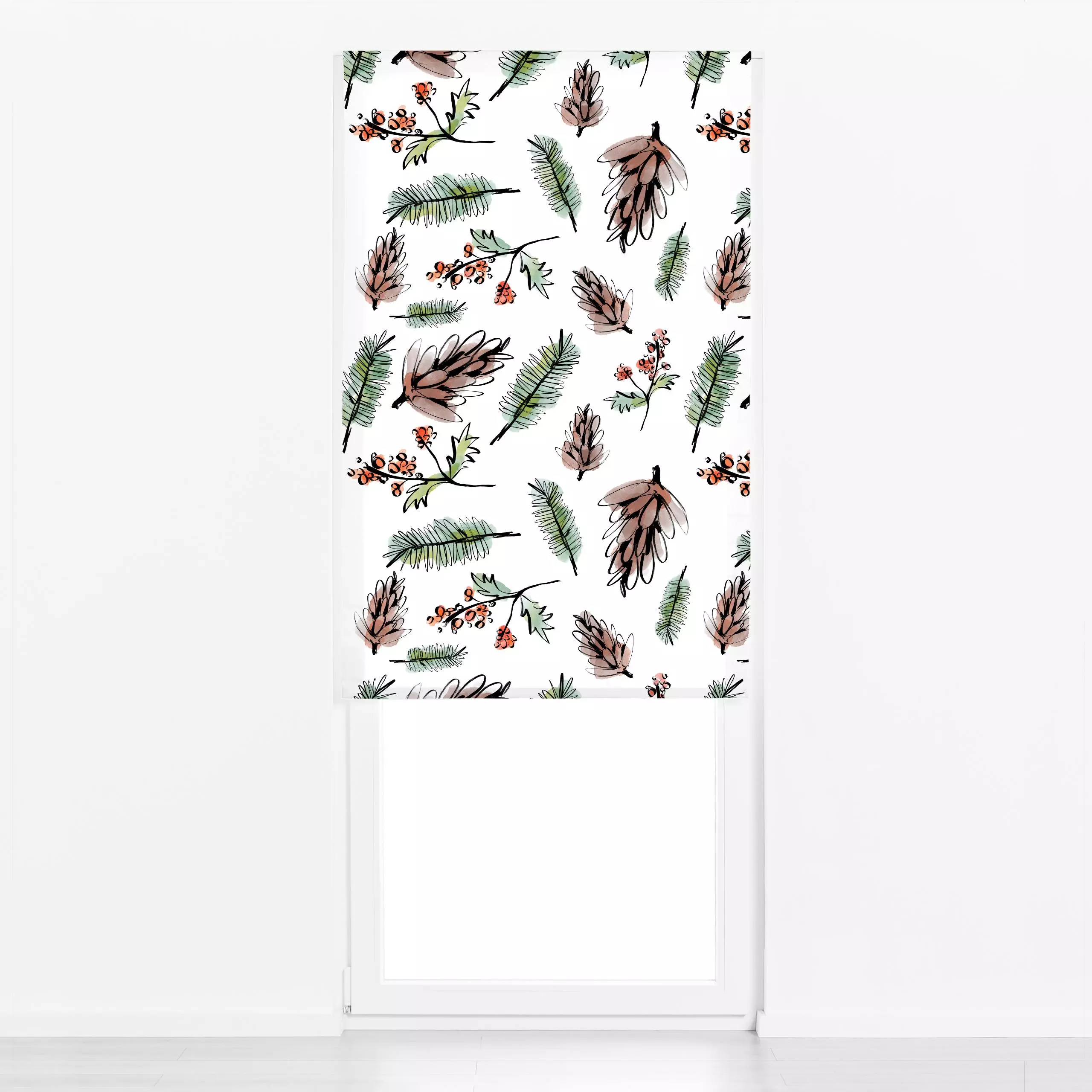 Raffrollo Winterwelt - Weihnachten, Winter - von „Lena Lackmann"; Aquarell, Pflanzen, Tannenbaum, Tannenzapfen, Weihnachtsba...