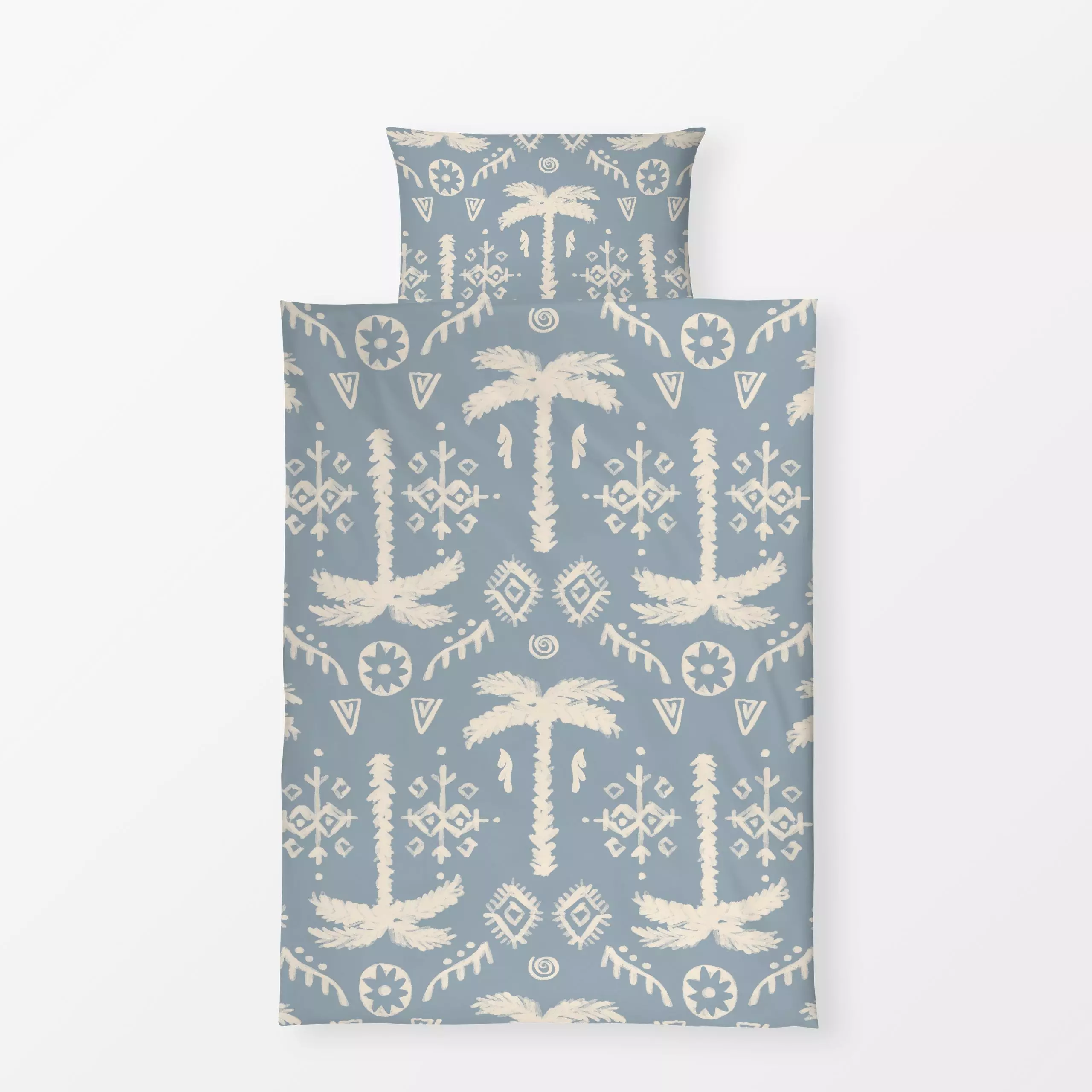 Bettwäsche PALM ETHNO IKAT Graublau - Sommer, Symbole & Muster - von „Kruth Design"; Palmen, Garten, Sommer, bunt, Ethno, ou...