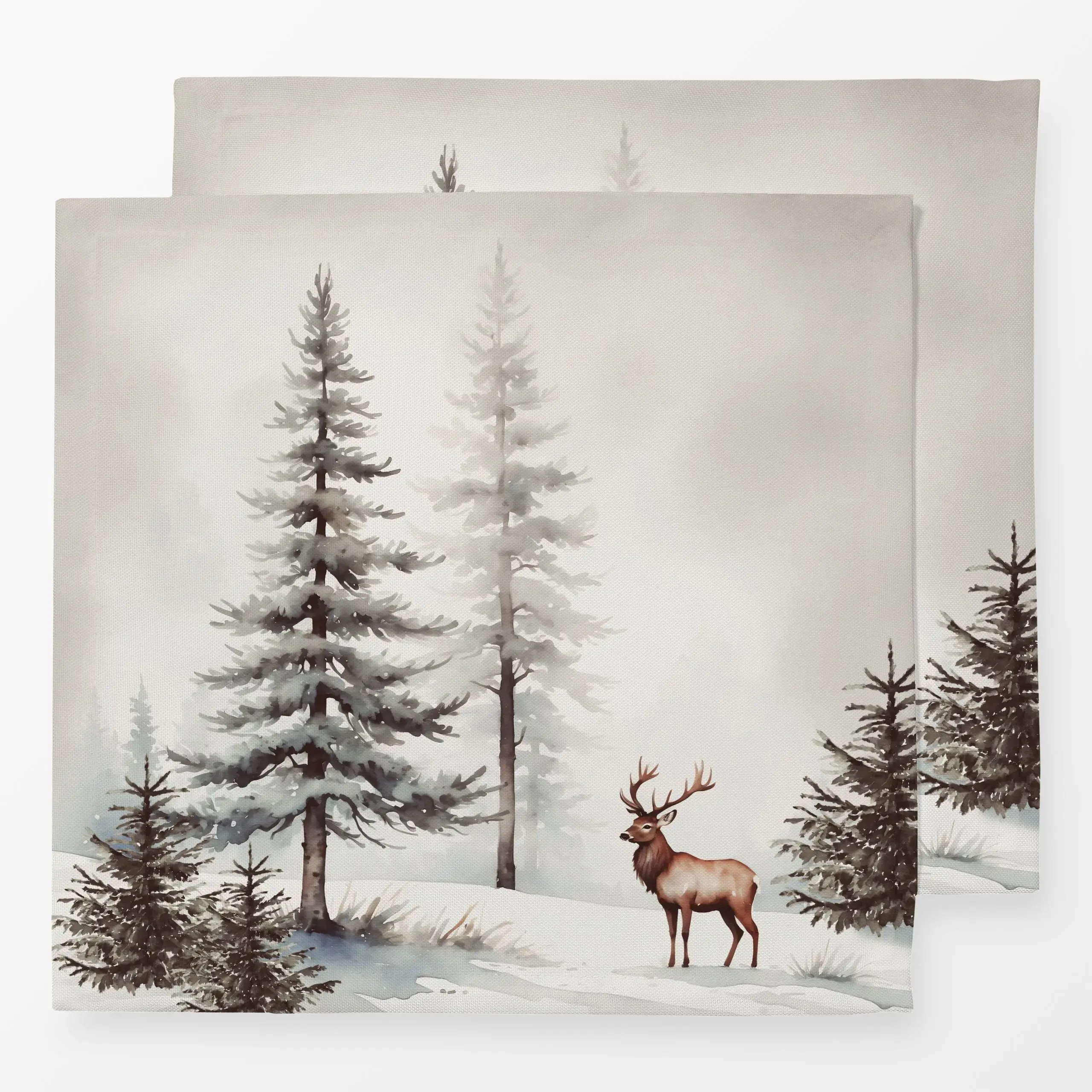 Servietten Hirsch im Winterwald 1 - Weihnachten - von „Monika Strigel"; Schneeglöckchen, Wald, Rentier, Tannenbaum, Weihnach...