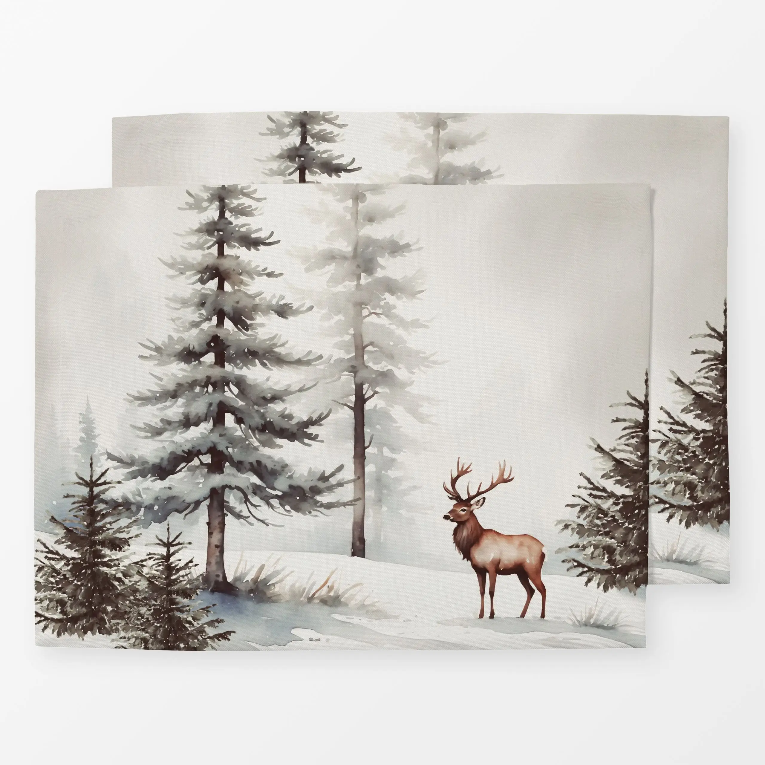 Tischset Hirsch im Winterwald 1 - Weihnachten - von „Monika Strigel"; Schneeglöckchen, Wald, Rentier, Tannenbaum, Weihnachte...