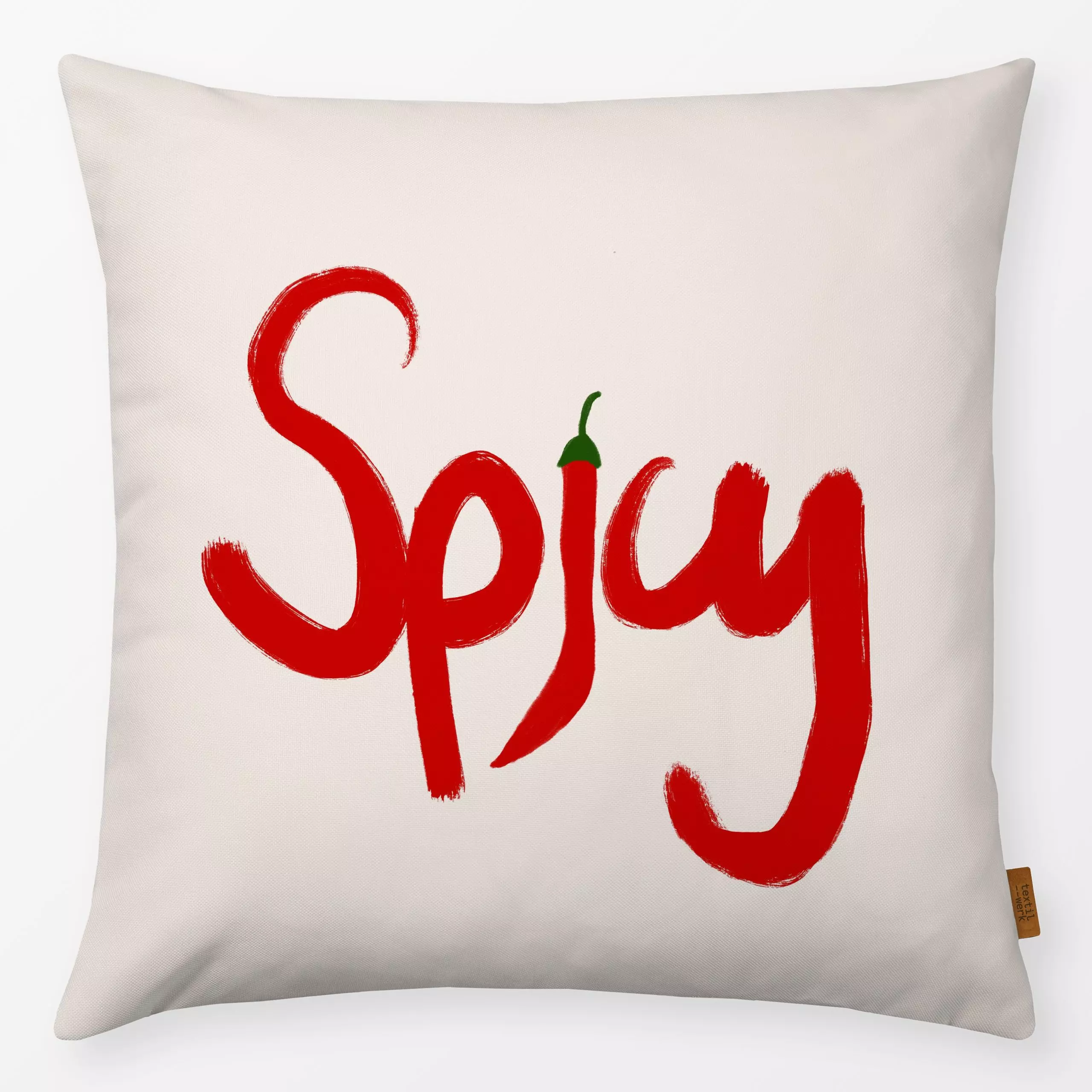 Kissen Spicy Esstisch - Sprüche & Schriftzüge, Gemüse - von „Sophie Augustin Illustration"; modern, typografie, Chili, Handl...