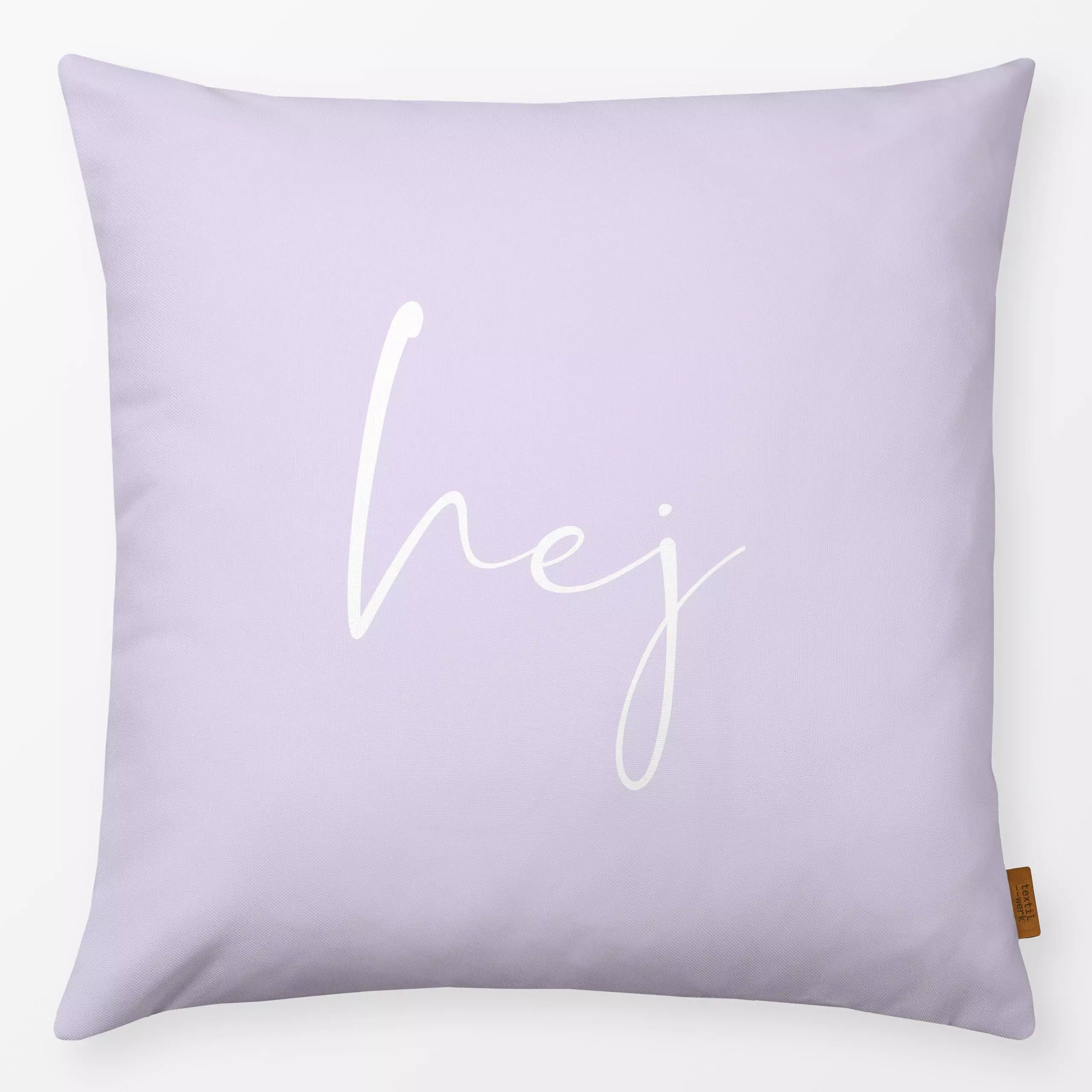 Kissen hej Lila Violett - Frühling, Sommer, Sprüche & Schriftzüge - von „Monika Strigel"; minimal, boho, Scandi, Schweden, l...
