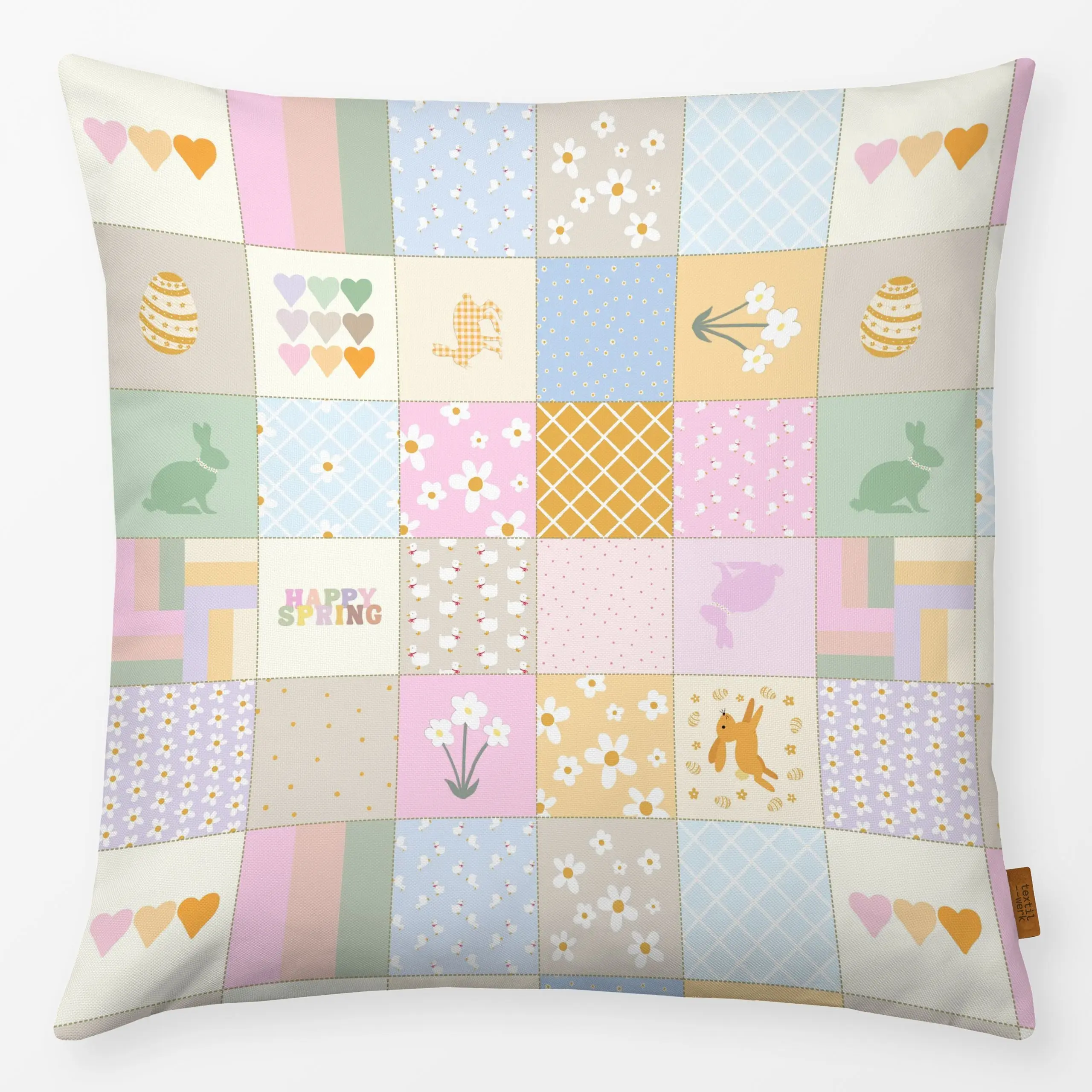 Kissen Patchwork Pastel Frühling - Frühling, Ostern - von „Monika Strigel"; Hase, vintage, Ostern, Herz, Pastell, Fruehling,...