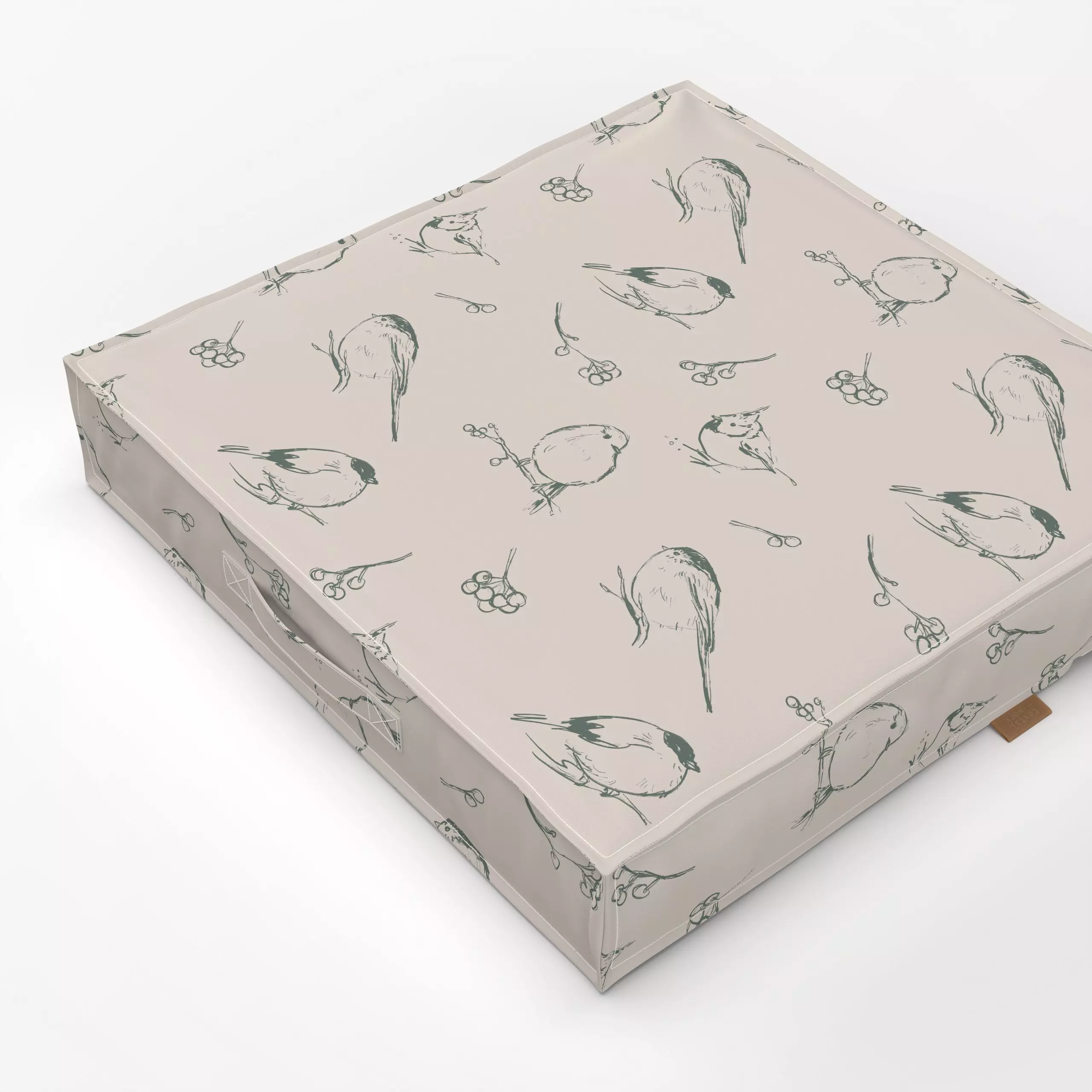 Bodenkissen Wintervögel grau-beige - Tiere, Weihnachten - von „Janna Schipper"; Zweige, Beeren, Vogel, Meise, Weihnachten, w...