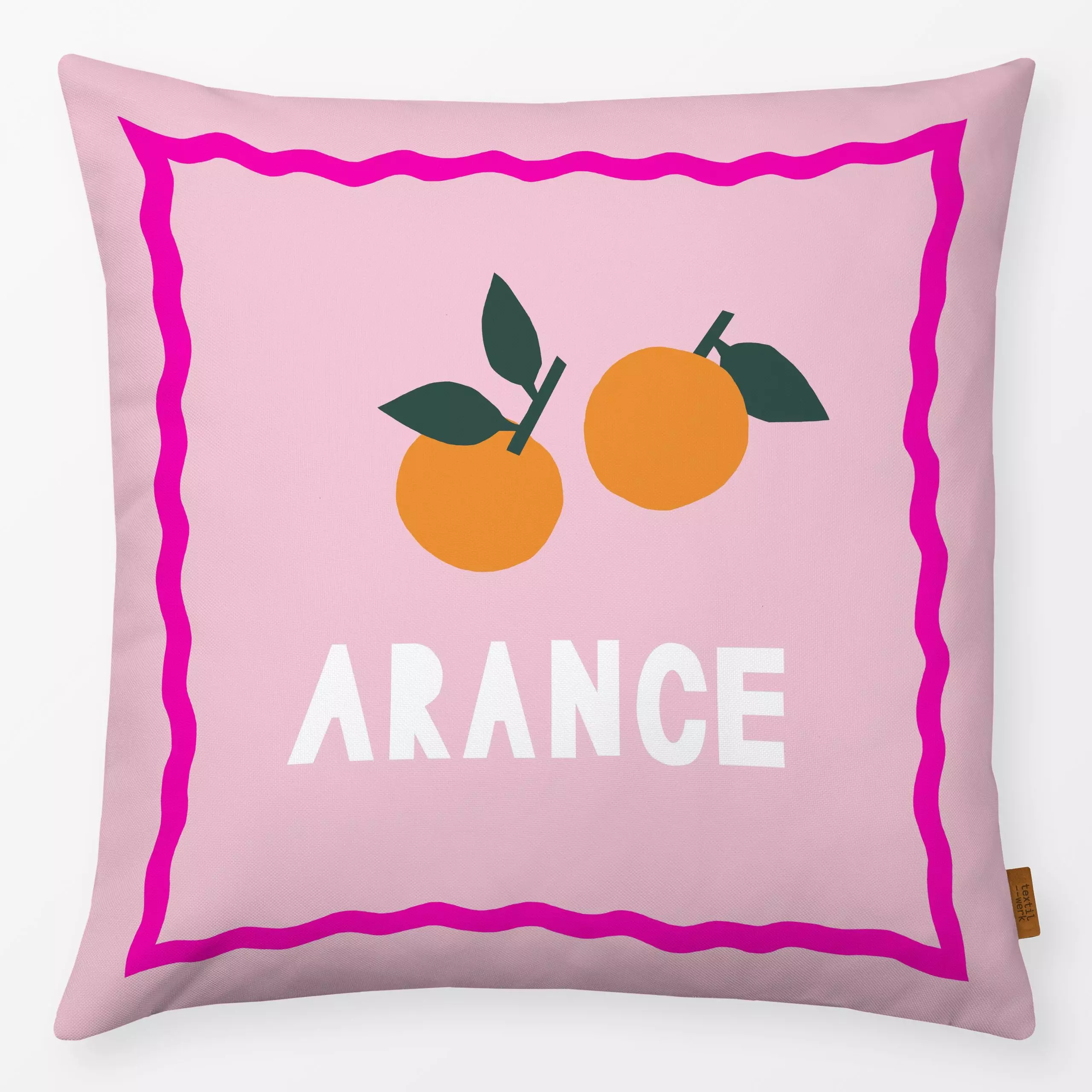 Kissen Arance - Sommer, Sprüche & Schriftzüge, Früchte - von „Iris Knabenschuh Textildesign"; Frucht, Sommer, pink, Italien,...