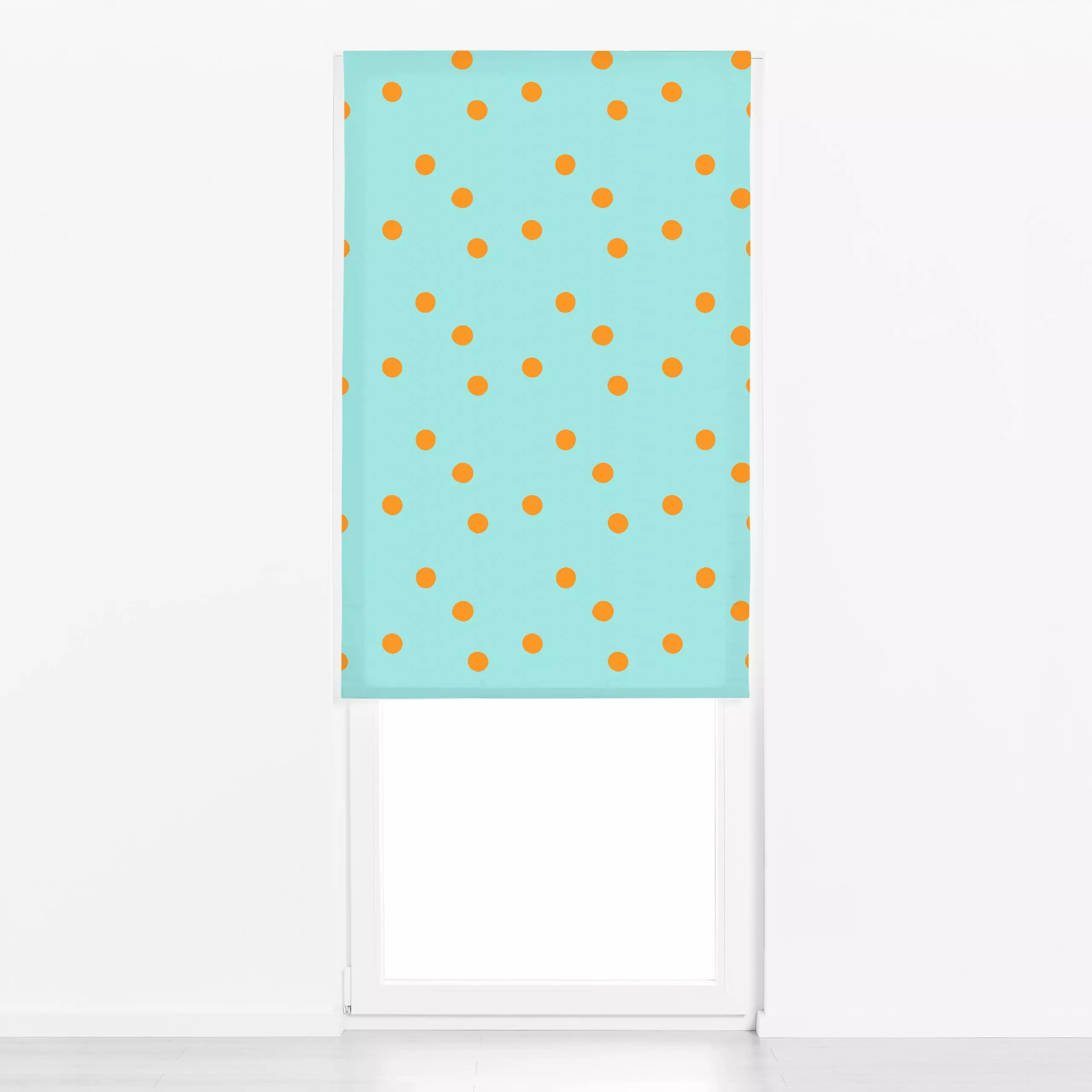 Raffrollo Glücklich in blau - Symbole & Muster - von „Julia Reyelt"; Muster, minimal, Punkte, Orange, Love, Dots, blau, gepu...